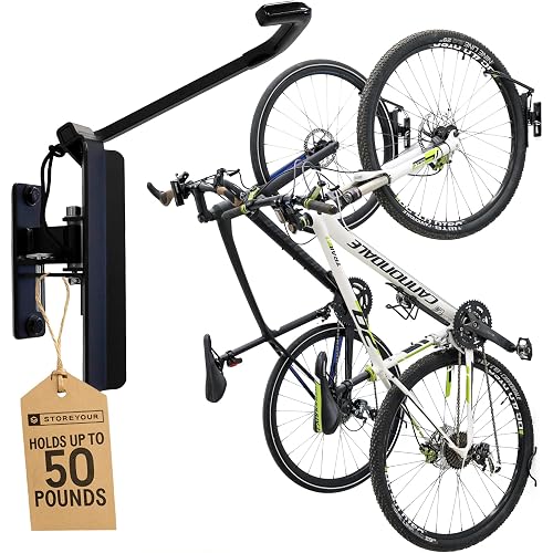 StoreYourBoard Bike Hangers for Garage | Garage Bike Rack Wall Mount, Vertical Bicycle Rack for Garage | 124° Swivel Bike Wall Mount with Stopper, Holds 50lbs, Fits All Wheel Diameters, Max 2.6” Tires
