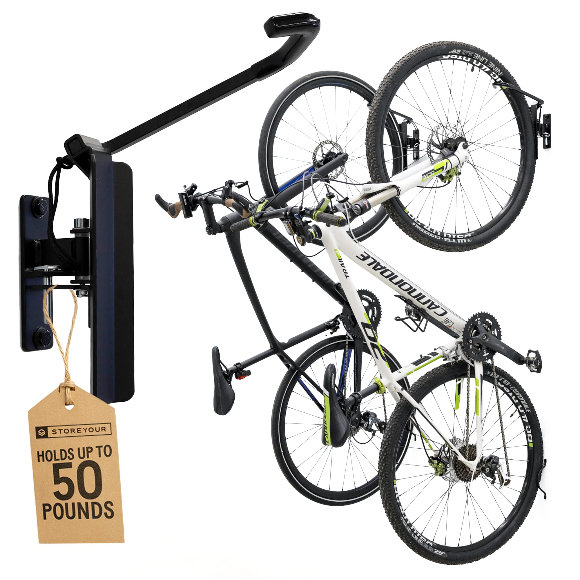 2-Bike Swivel Rack – Wall Mounted Garage Bike Storage, Vertical Hanger with 120° Swing Design & Stopper, Space-Saving Indoor Wall Mount – Fits Kids Bikes, BMX & More – Black