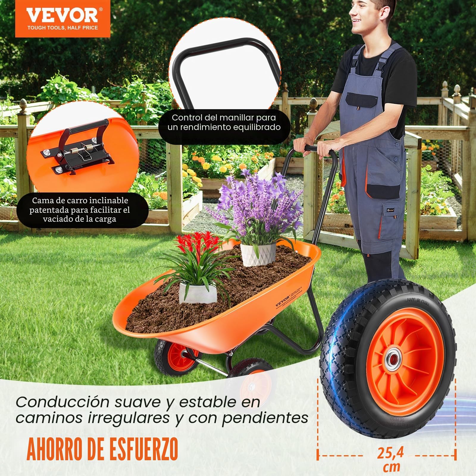 VEVOR Carretilla para Jardín Carga de 180 kg Carro de Descarga con 2 Ruedas de 25,4 cm y Asa Carro Utilitario de Fácil Carga Carrito para Césped al Aire Libre, Patio, Granja, Naranja y Negro