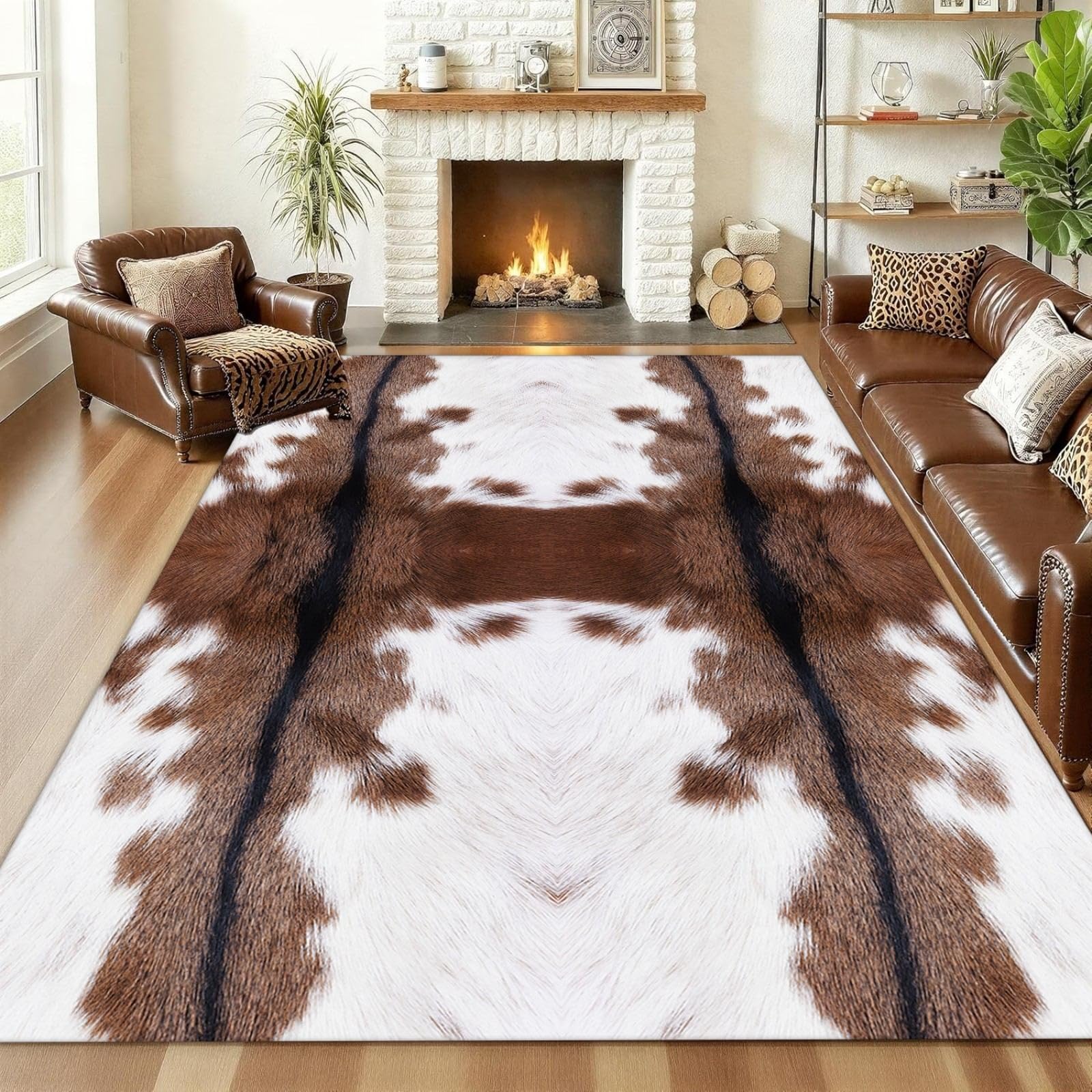 ZLXMN 180x300cm Western Living Room Animal Print Skin Non-Slip Rugs Cow Hide Faux Cowhide Rug, White And Brown Cow Print Washable Mat for Bedroom Office Country Sturdy Carpet