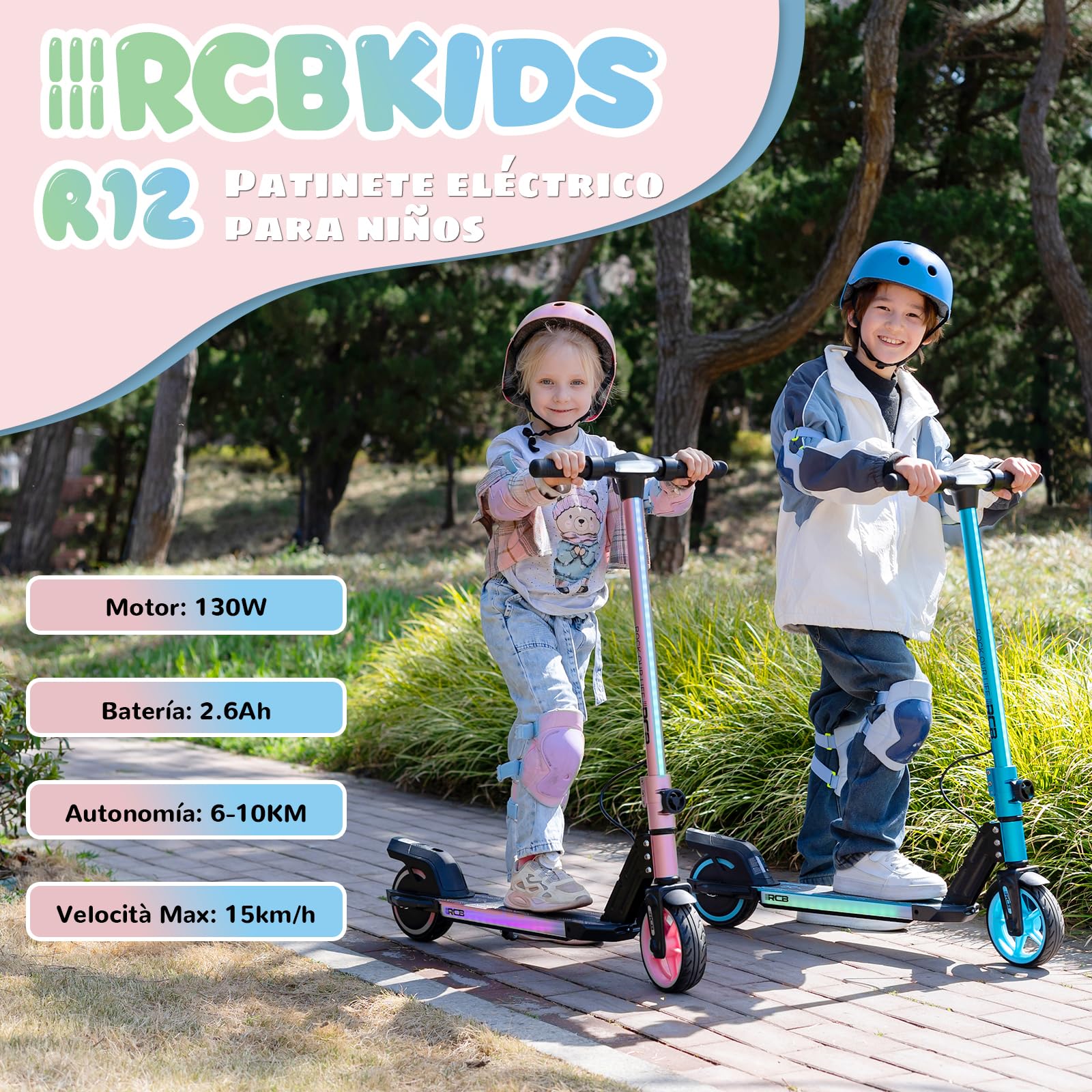 R12 Patinete Electrico para Niño de 6 a 12 años, Scooter Eléctrico Niños de 6,5" con Luces LED y 3 velocidades, Máxi 15 km/h, Autonomía Máxi 10km, Carga Máxi 50 kg, Luces Coloridas