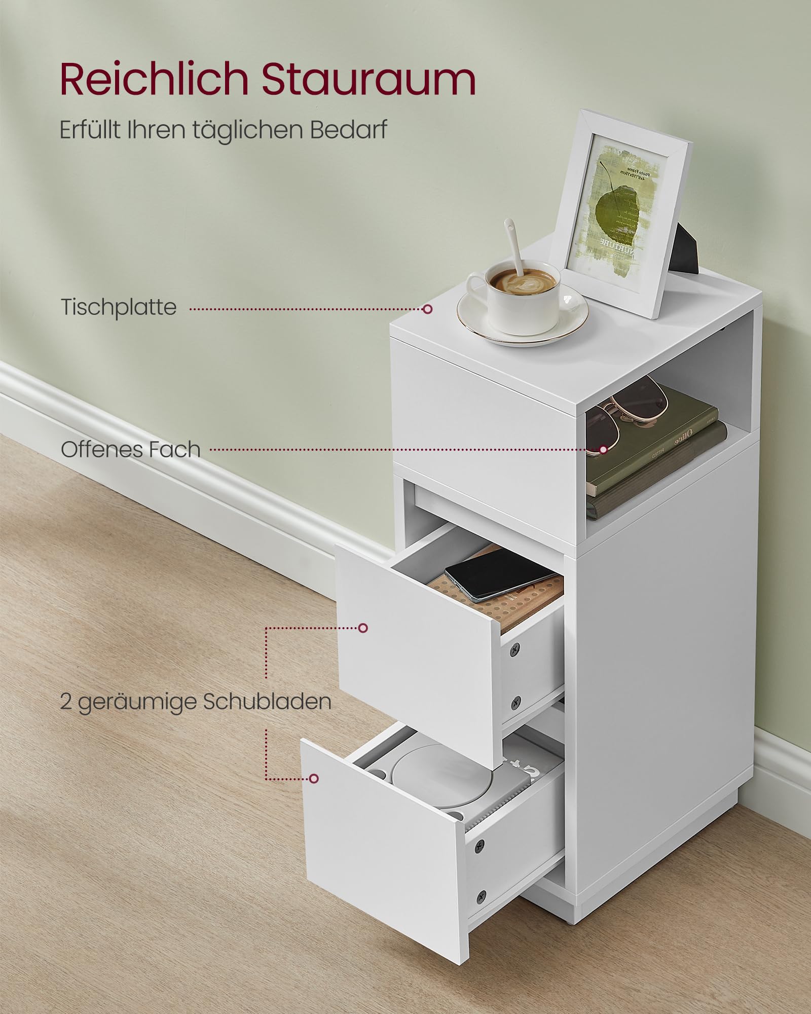 VASAGLE Nachttisch, schmal, Beistelltisch mit 2 Schubladen, offenes Fach nach Links oder rechts flexibel montierbar, für Schlafzimmer, Wohnzimmer, wolkenweiß LET656W01