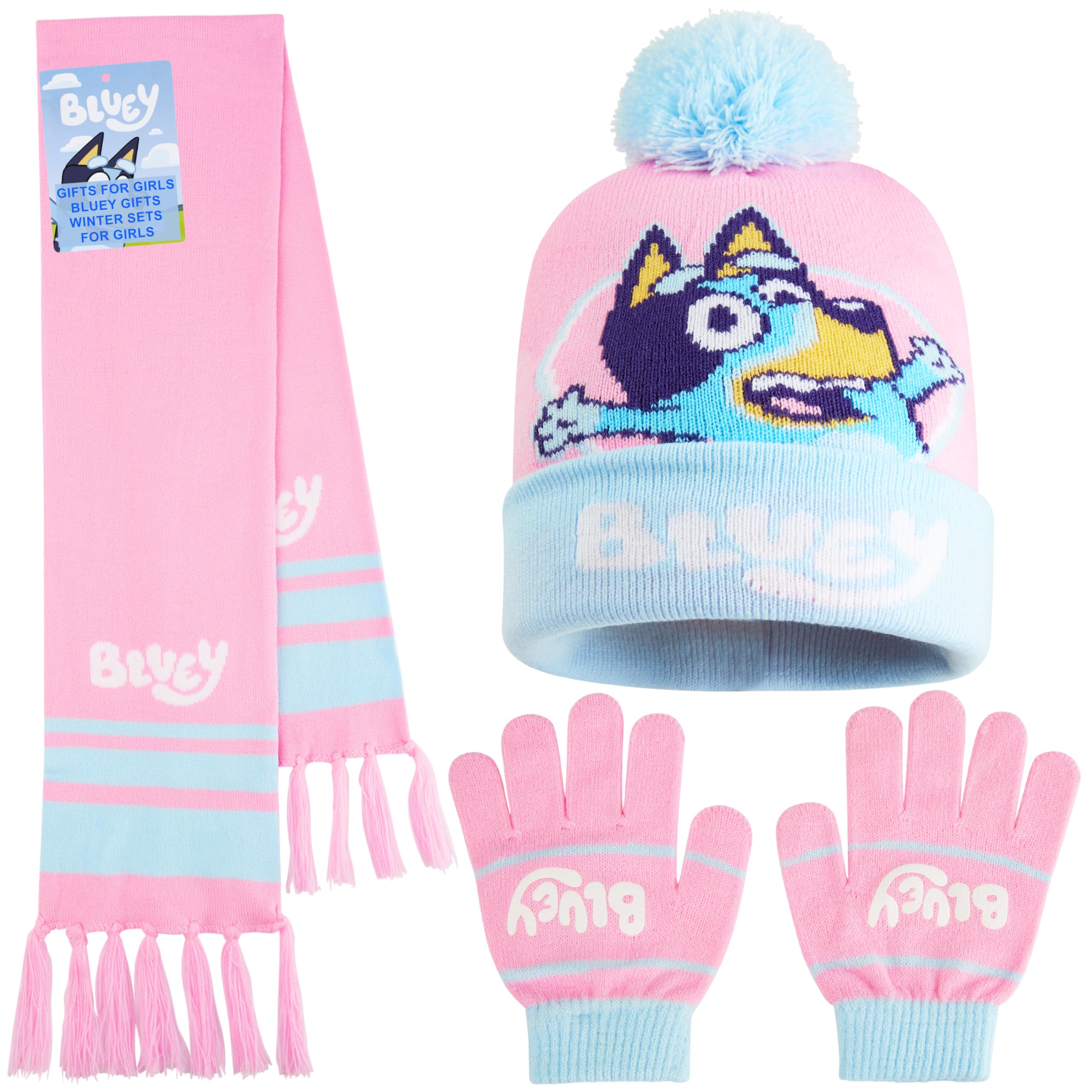 Bluey Winter Hat & Gloves Set for Girls 3-6 Years, 2 or 3 Pcs Warm Cosy Soft Knit Beanie, Gloves & Scarf, Cute Gifts for Kids (Pink/Blue 3 Pcs)