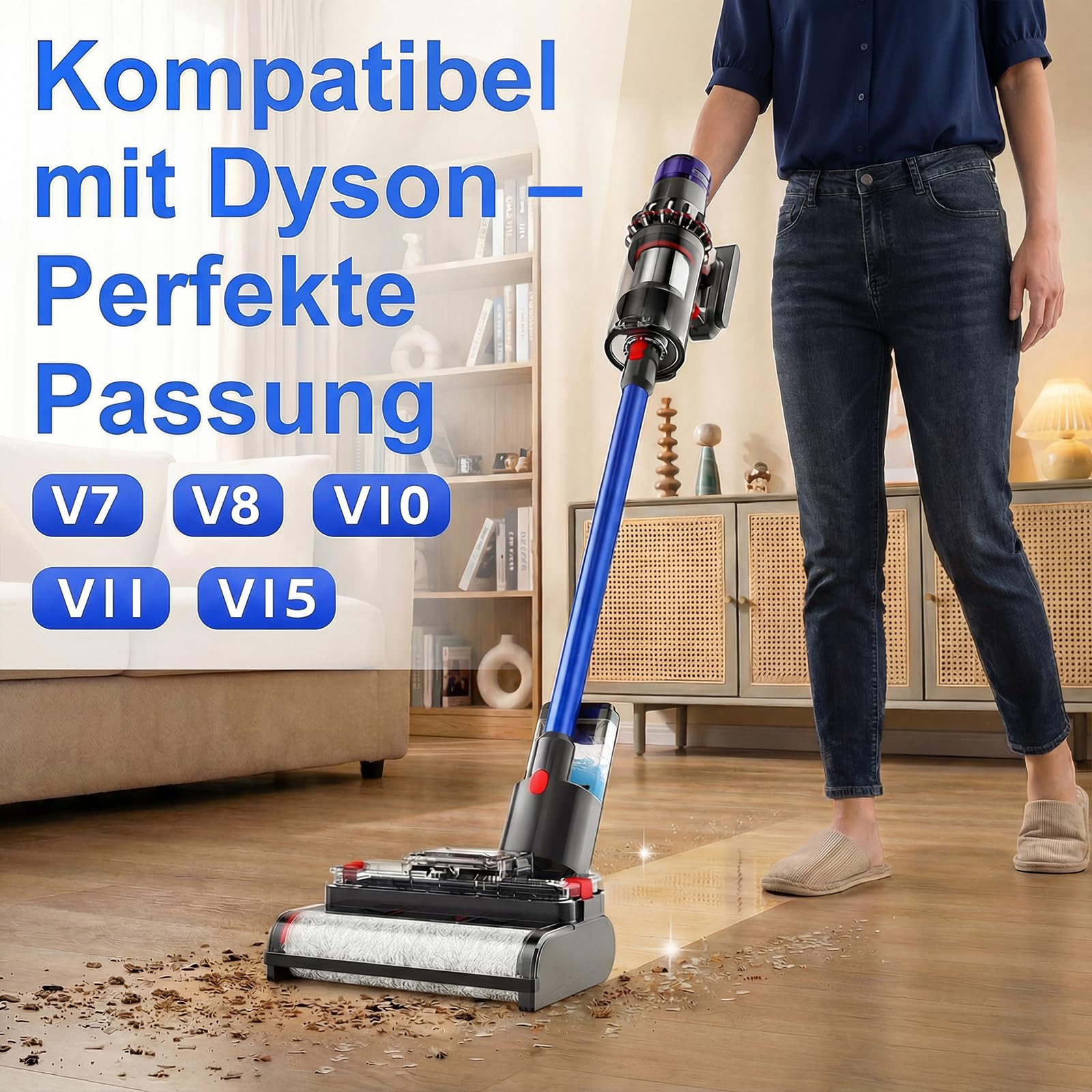 Bürste Wischaufsatz kompatibel für Dyson V7/V8/V10/V11/V15 Staubsauger, 2-IN-1 Elektrischer Bodenwischer mit Sauberem und Schmutzigem Wassertank, Gleichzeitig Saugen und Wischen，Schwarz