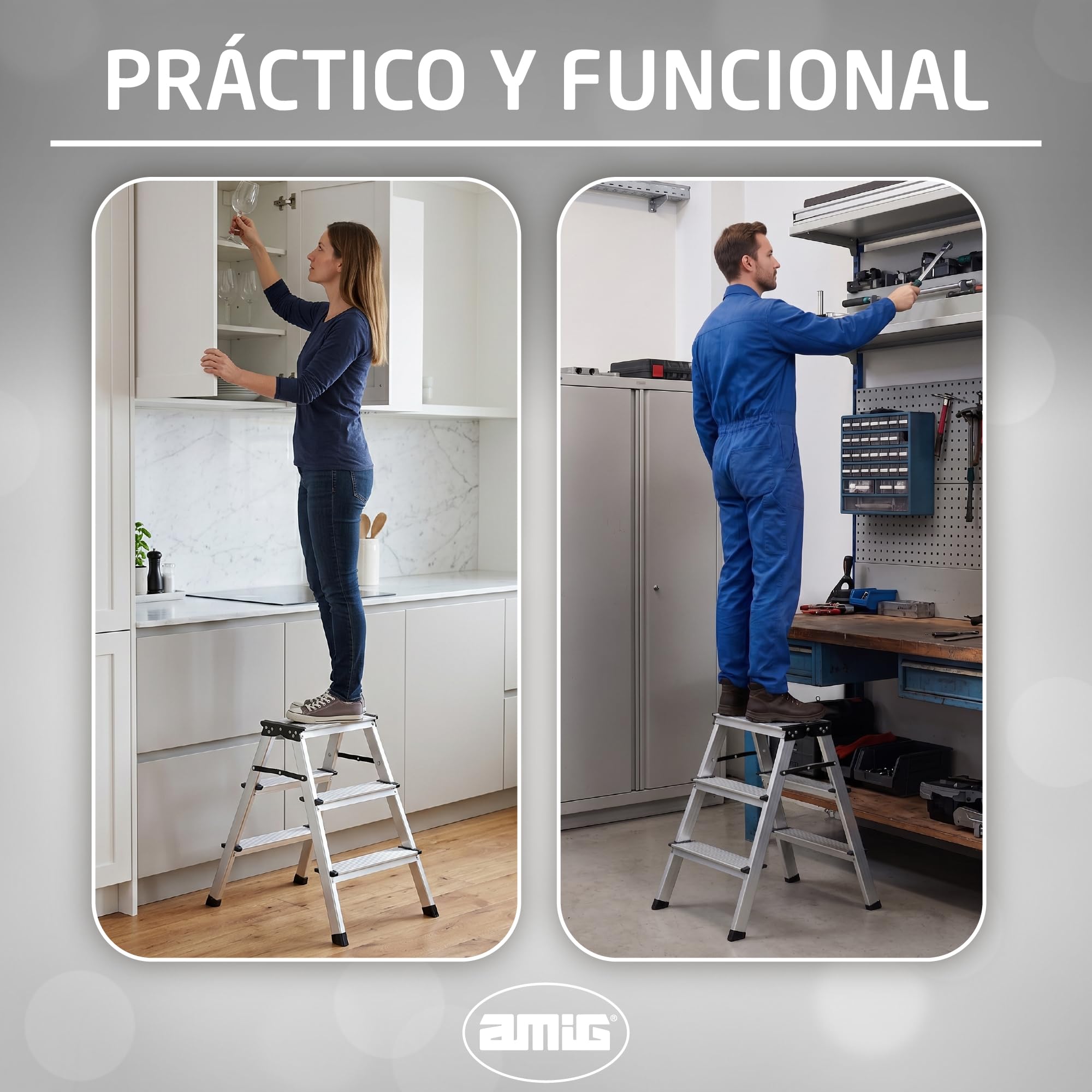 Amig Taburete Plegable 3 Peldaños Aluminio 57x60x36 cm | Ligero y fácil de transportar. Peldaños antideslizantes y plegado compacto.