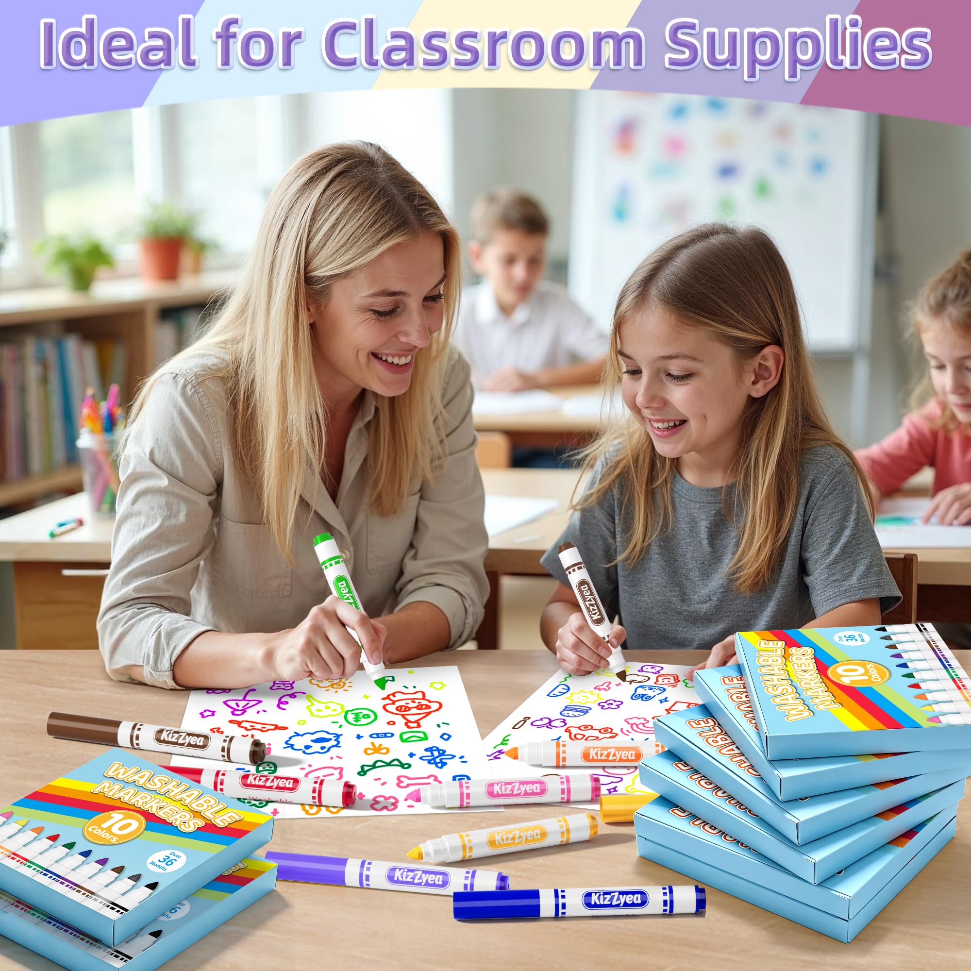 Abwaschbare Marker für Kinder, 10 verschiedene Farben, 24 Schachteln, 240 Stück | 24 Boxen, waschbare Malmarker, Künstlerbedarf, Klassenzimmer-Gruppenaktivitäten, Schulanfang, breit und fein
