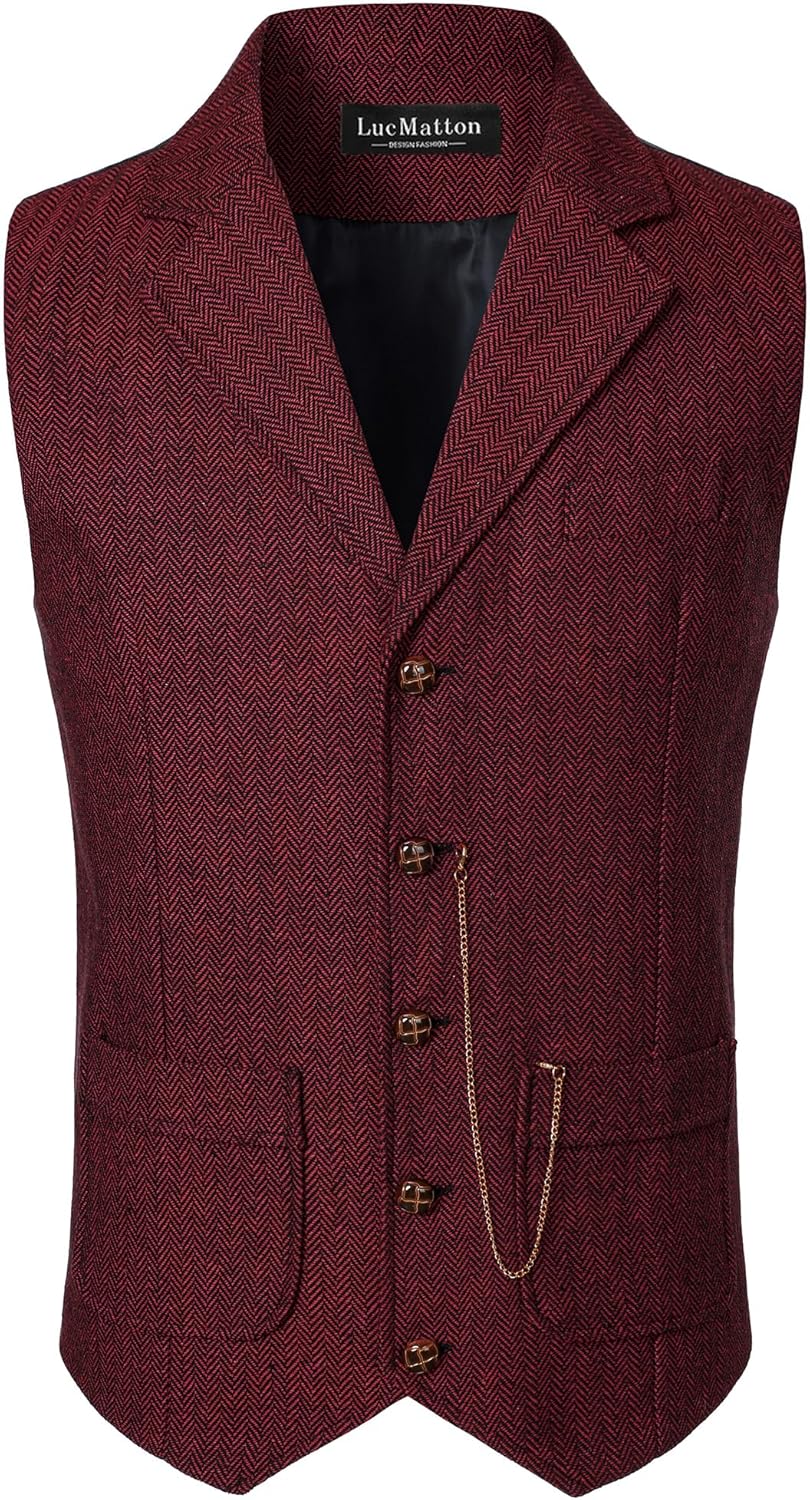 LucMatton Men Western Suit Vest Casual Slim fit Tweed Herringbone Cowboy Waistcoat With Pocket
