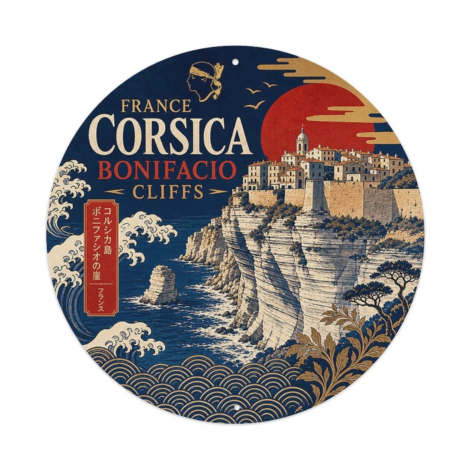 Corsica Bonifacio Cliffs French Woodblock Island Travel Metal Tin Sign