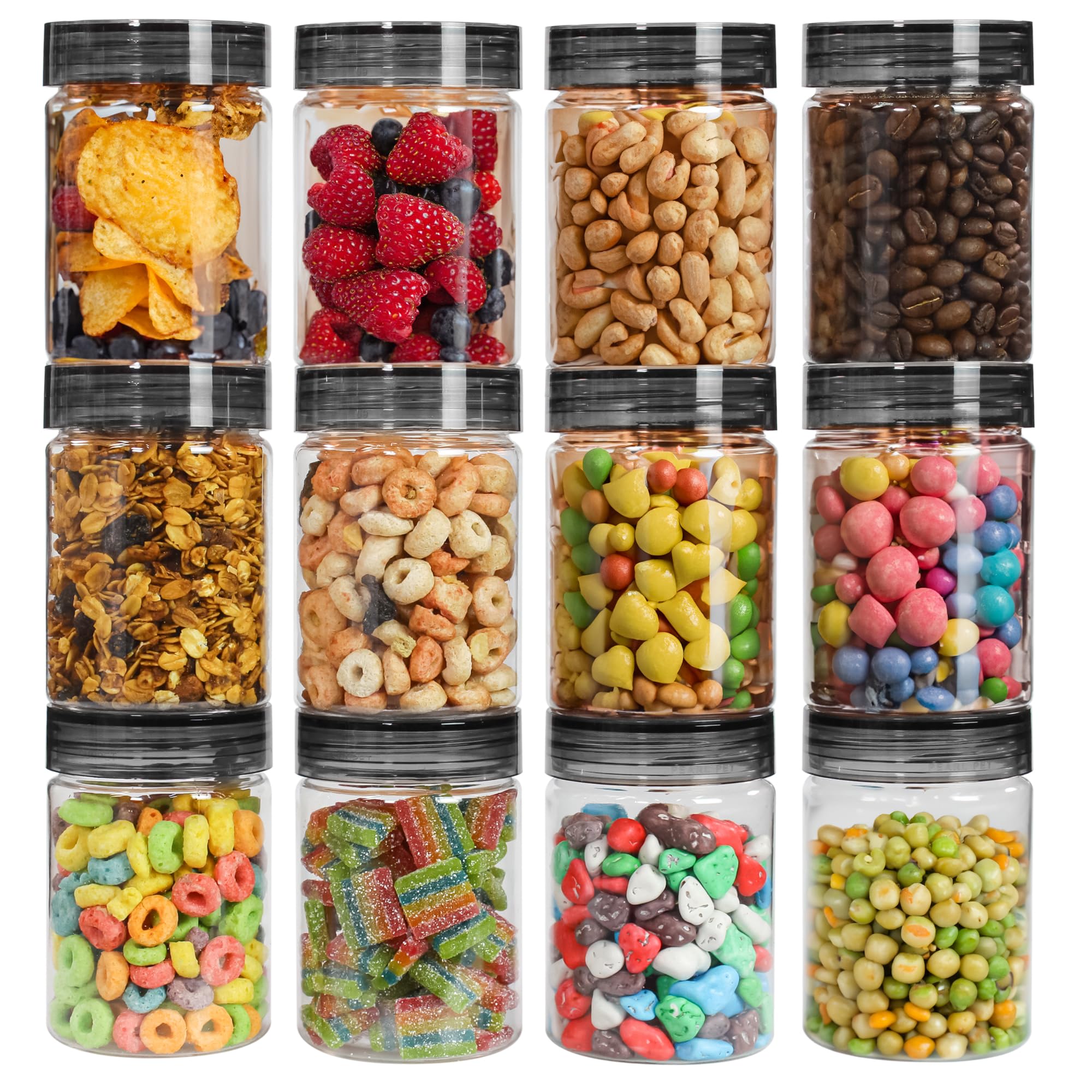 PEARLPET Plastic Containers for Kitchen Storage | Plastic Container with Spoon | BPA-Free, Stackable Jars | Black,300 ML(Set of 12)