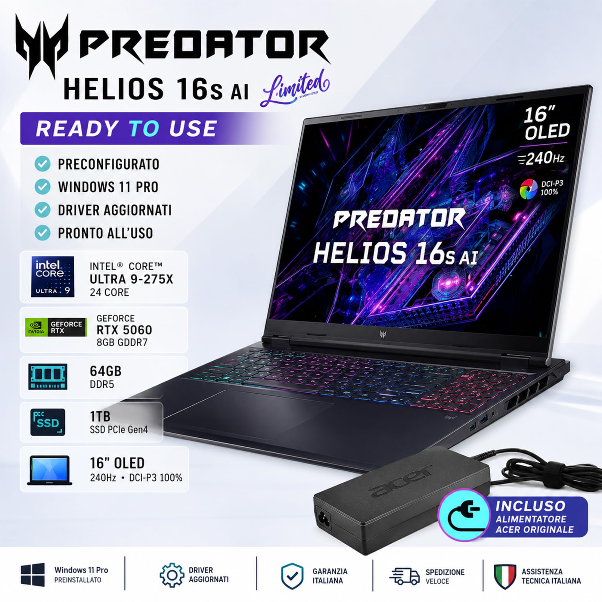 Acer Predator Helios Neo 16s AI Notebook Gaming Intel Ultra 9-275X | 24core, RAM DDR5 64GB, SSD 1TB, Display 16" OLED 240Hz DCI-P3 100%, GeForce RTX 5060 8GB, Win 11, Preconfigurato