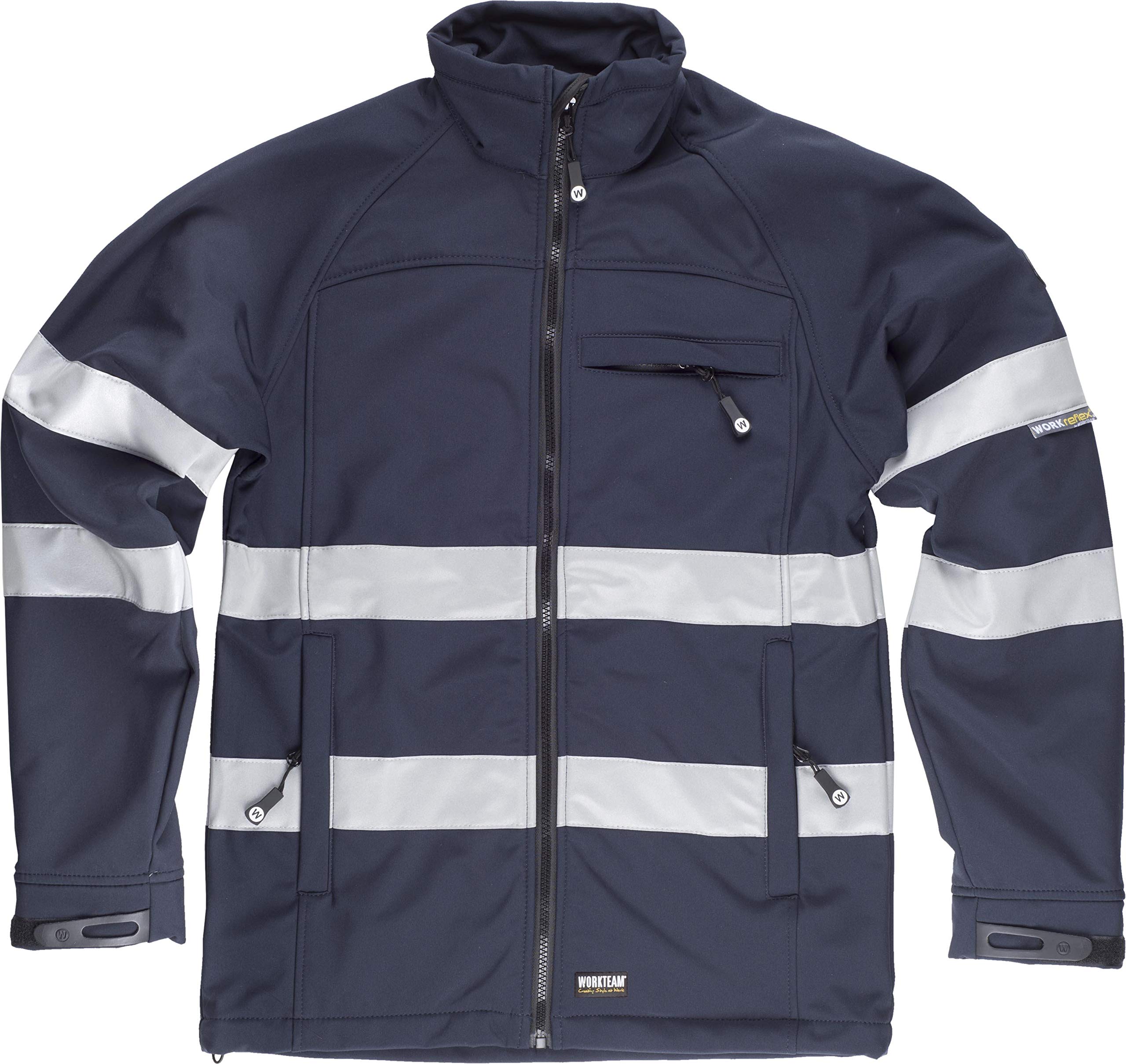 Work Team Chaqueta Workshell con Cintas Reflectantes. Cuello Alto y Cierre de Cremallera de Nylon. Solapa Protectora Interior Vuelta en la Parte Super Hombre