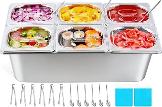 YMJOINMX 6-Pan 2QT Ice Food Serving Display Tray with Clear Lids, Ice Packs & Utensils - Buffet Cooler for Salads, Pizza, Sauces