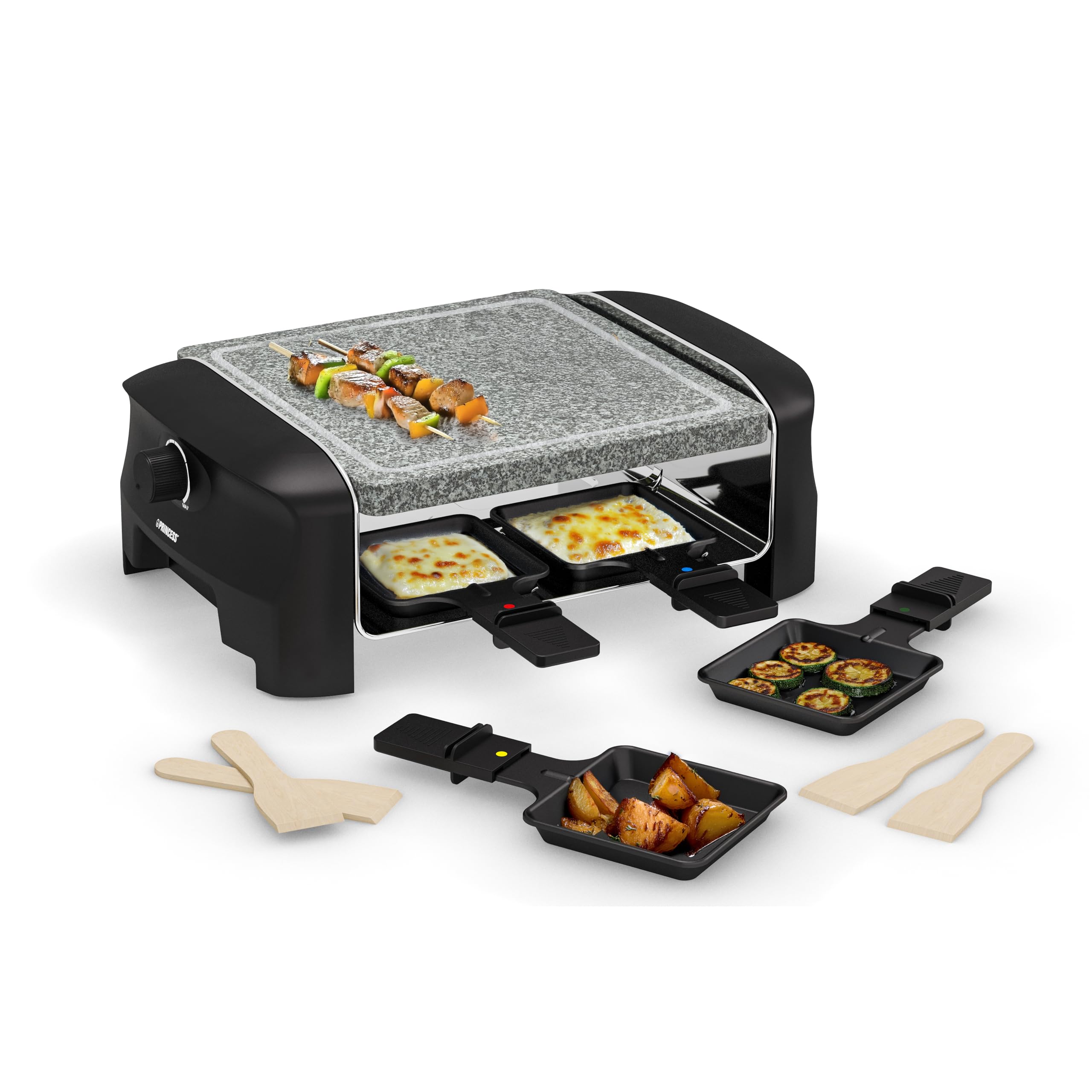 Princess Parrilla raclette para hasta 4 personas – con placa de piedra natural y termostato ajustable, 600 W, incluye sartenes raclette antiadherentes, fácil de limpiar