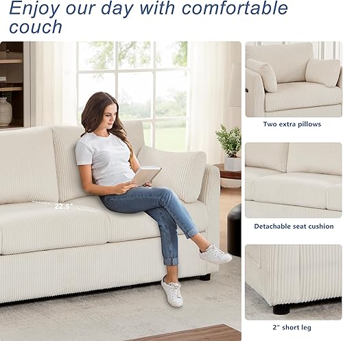 Miniatura 9 de Juego de sofá para sala de estar, juego de sofá de pana de 3 plazas y silla individual, sofás para apartamentos y espacios pequeños (beige, juego de