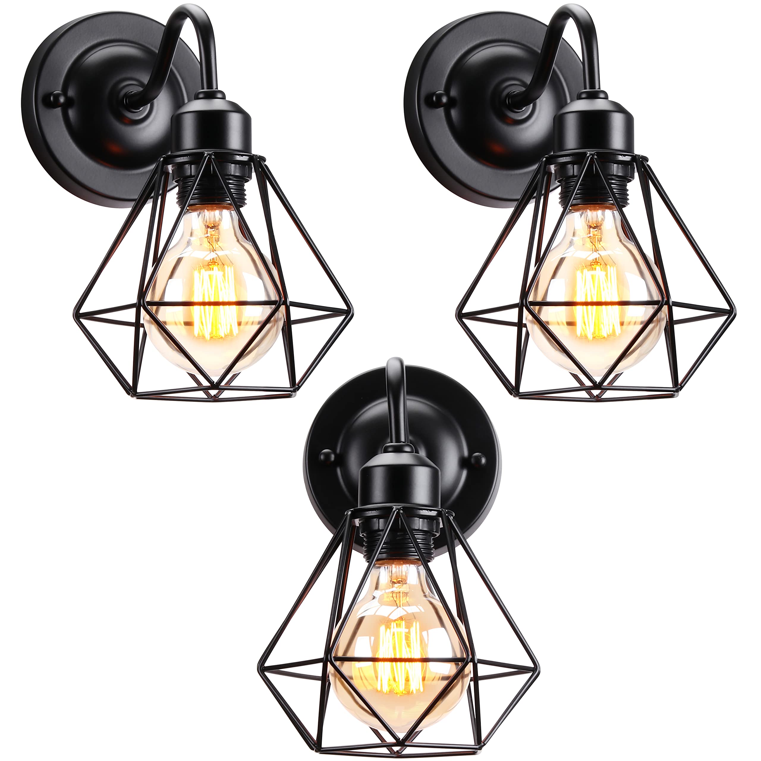 iDEGU Lot de 3 Appliques Murales Intérieures Design Industriel Luminaire Abat-jour de Diamant Cage en Métal Noir 16CM Vintage Lampe Murale pour Salon Chambre Cuisine Couloir Café (3 Pièces, Noir)