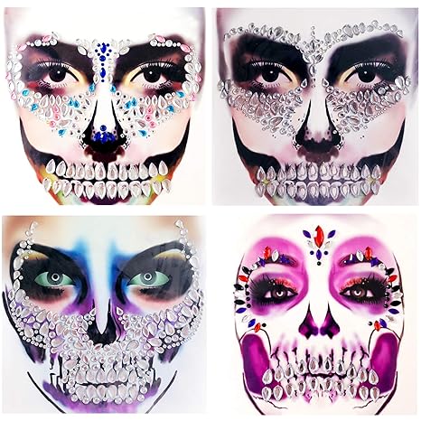 4 Packs PADOUN Face Gems Jewels, Day of The Died Skull Temporary Rhinestone Face Tattoo, Face Stickers Gems Jewels for Halloween