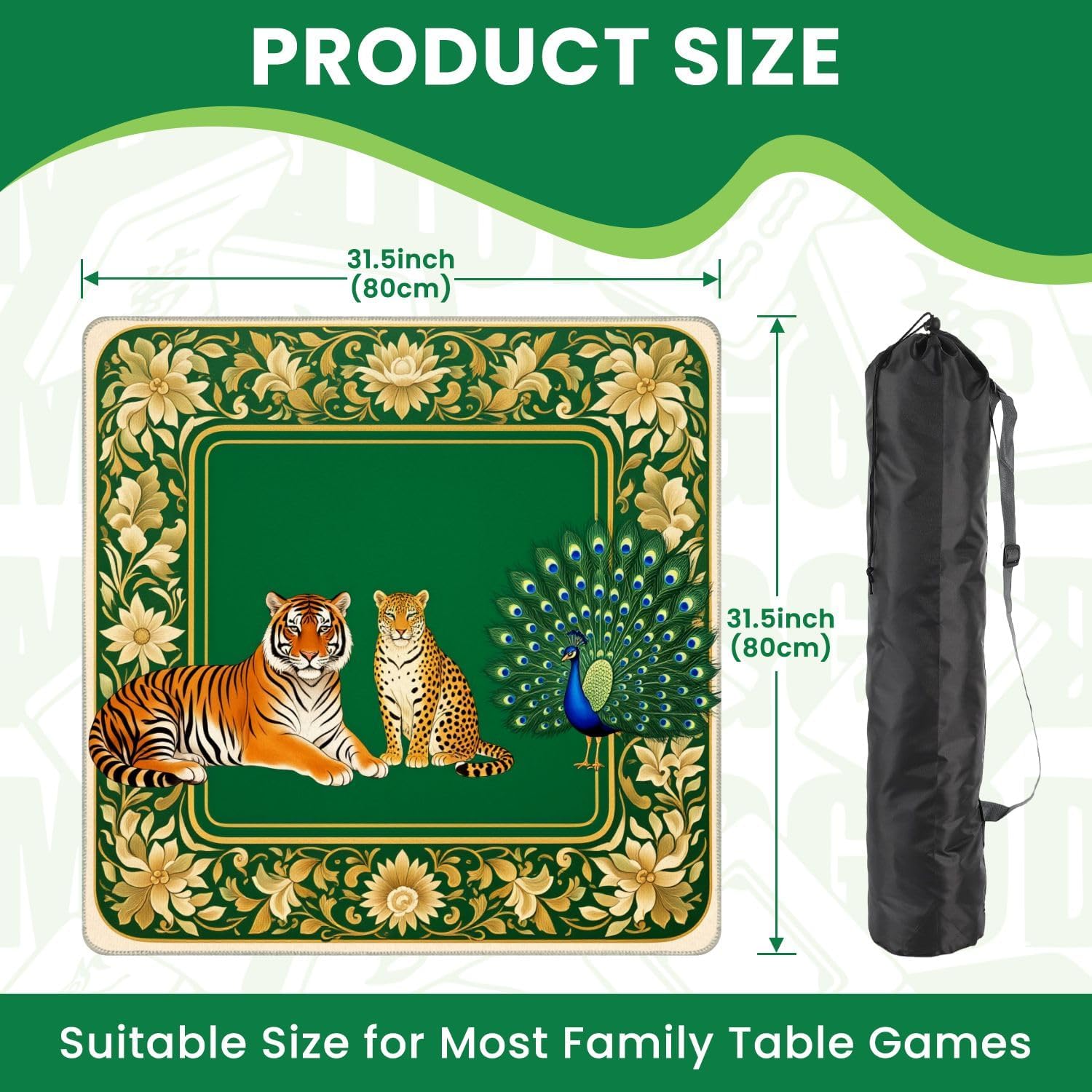 Mahjong Mat for Table Elegant Tiger Cheetah Peacock Floral Border 31.5"x31.5" Non-Slip Noise Reduction American Mahjong Table Cloth for Poker Card Dominoes Tile Games Gifts
