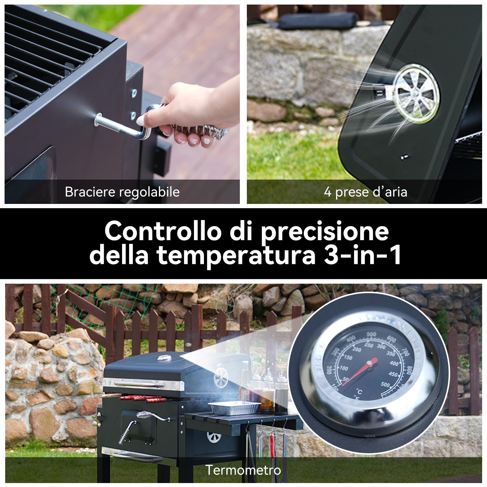 Barbecue a Carbonella, Barbecue con Coperchio, Superficie Cottura: 56×42,5 cm, Vassoio Carbone Regolabile in Altezza, Tavolino Laterale Pieghevole, Con Copertura Barbecue da Esterno