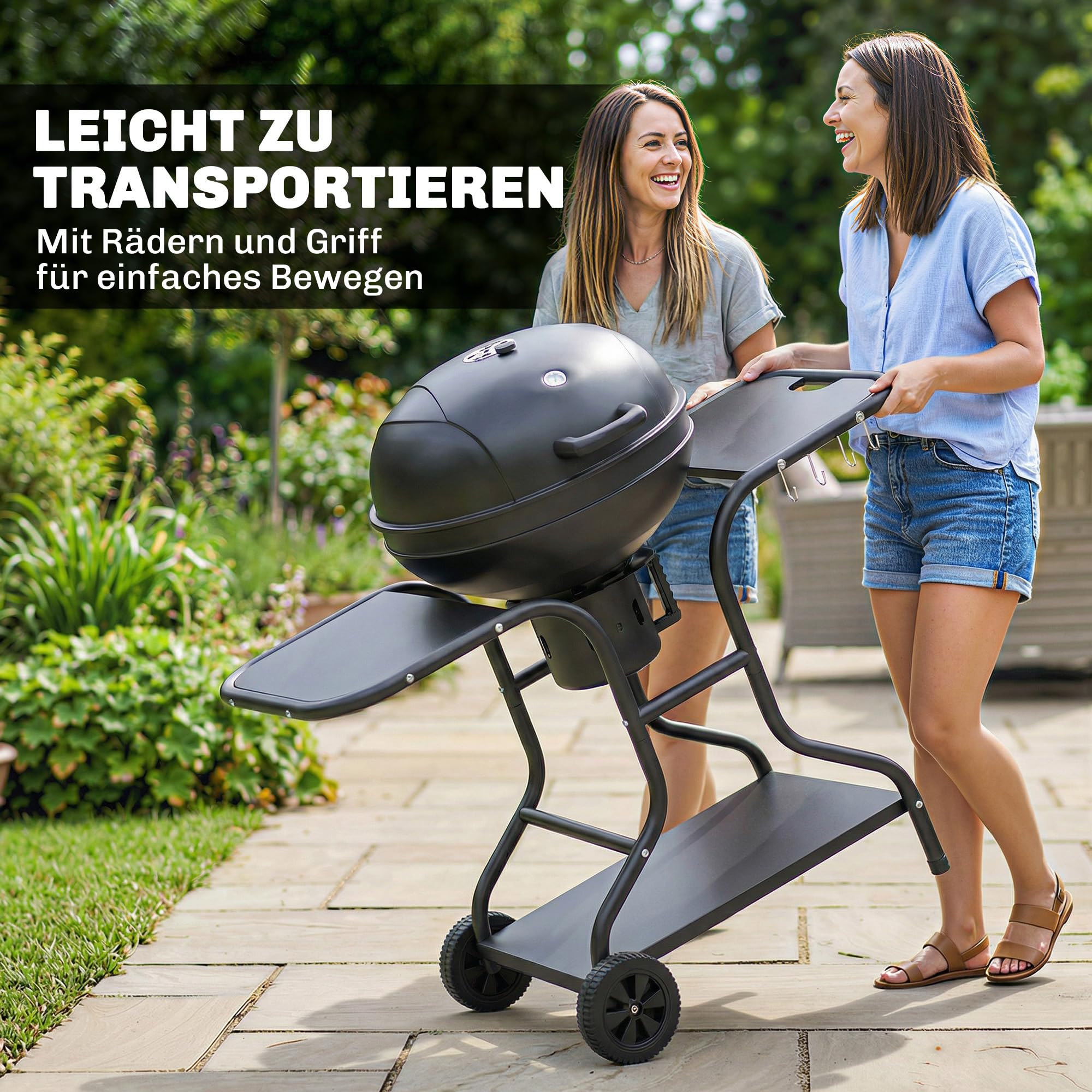 Outsunny grill węglowy kulisty z pokrywą 129 x 63,5 x 106,5 cm | Smoker, stoliki, koła, pojemnik na węgiel, wózek grillowy, termometr, grill węglowy na barbecue, camping, taras, ogród