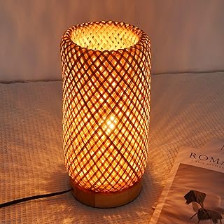 Arturesthome Bamboo Desk Light Woven Boho Beside Lamp Vintage Wicker Woo...