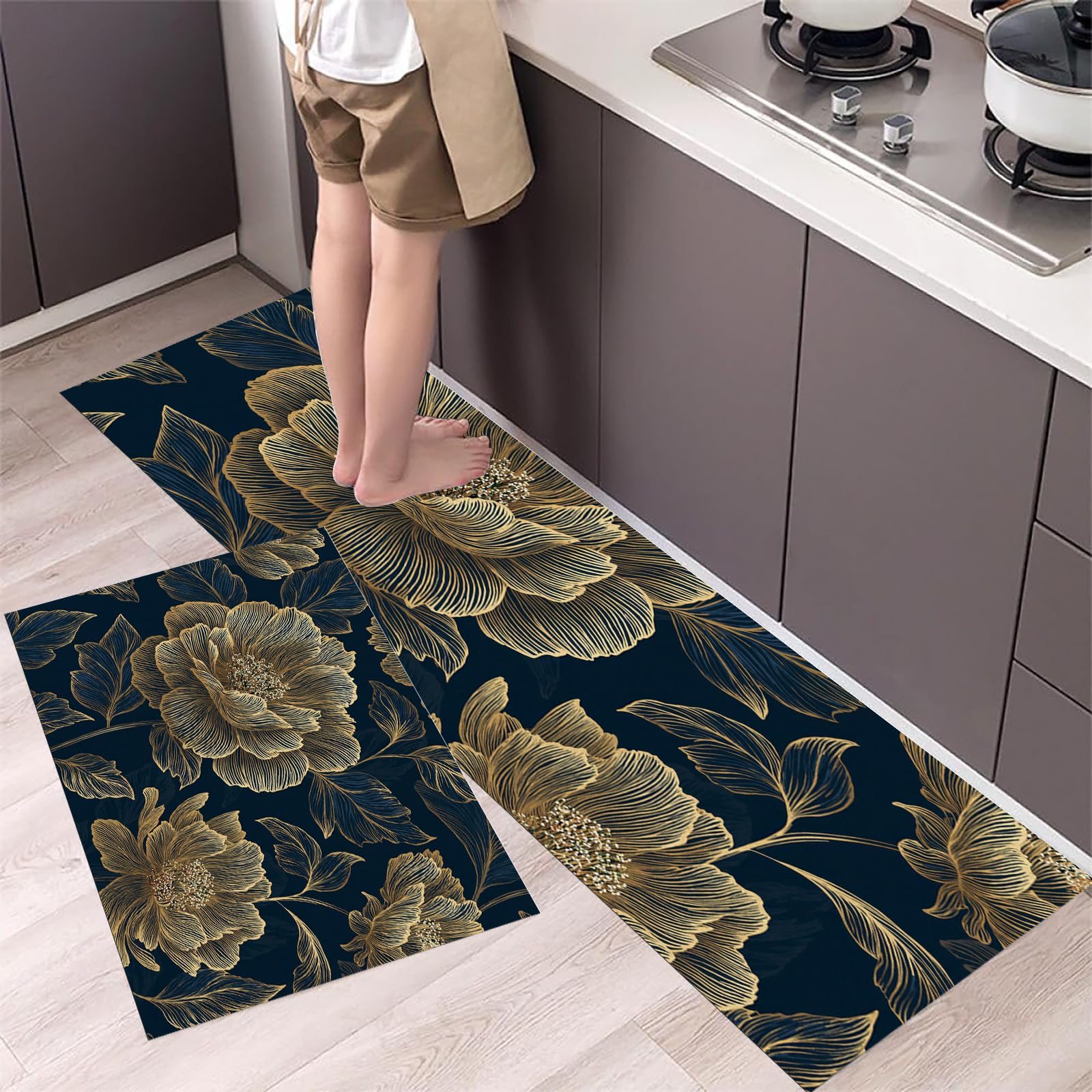 Alfombrillas de cocina estilo retro glamuroso texturizadas en azul oscuro y oro