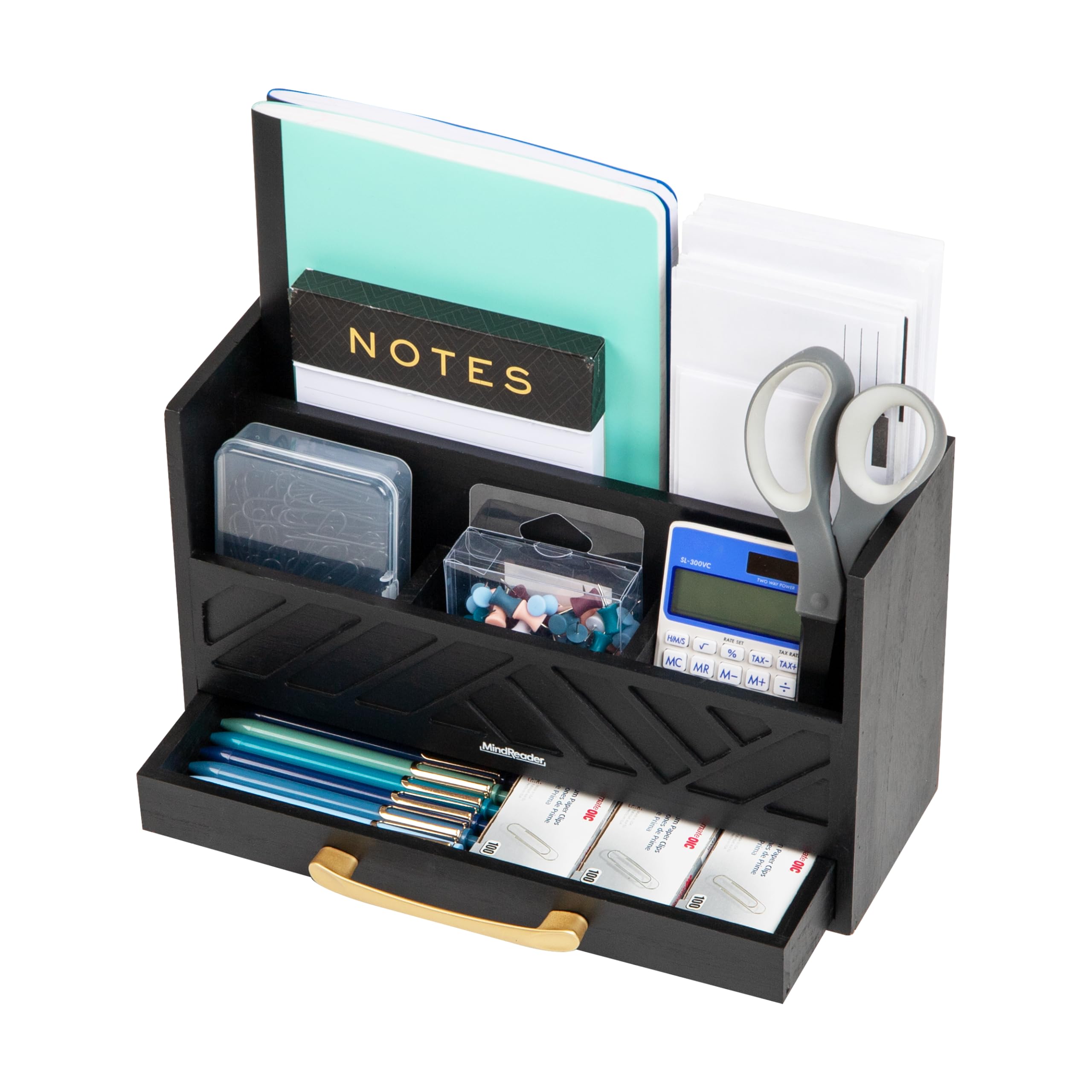 Mind Reader Schreibtisch-Organizer mit 5 Fächern, rustikales Holzregal mit Schublade für Papiere, Zubehör und Bürobedarf, 31,8 cm L x 10,8 cm B x 19,1 cm H, Schwarz