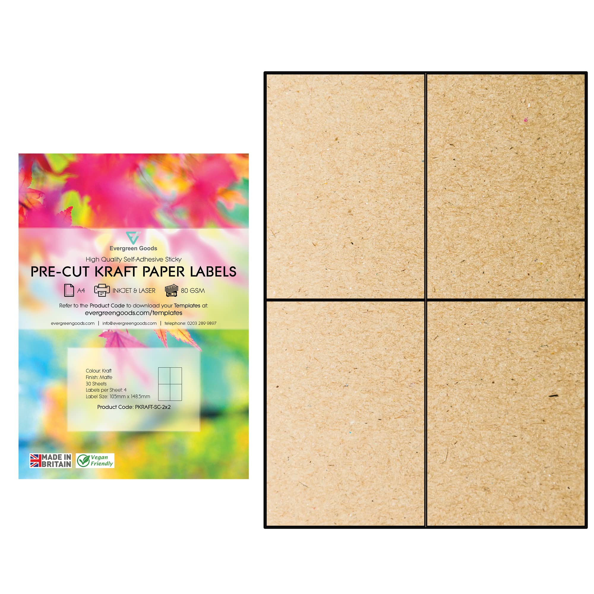 Evg Kraft Evergreen Goods A4 Precut Matte Self Adhesive Paper | Inkjet & Laser Printable | Strong Sticky Back Multi Purpose Printing Labels | 2X2, 4 Per A4: 120 Labels In Total | 30 Sheets