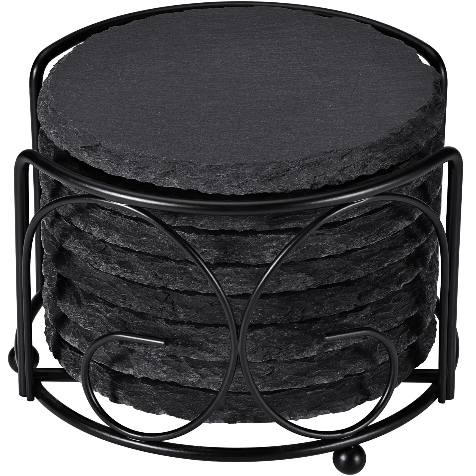 Slate Drink Coasters with Metal Holder, GOH DODD Set of 8 Black Coasters, 4 Inch Stone Coaster Set Tabletop Protection for Home Outdoor Kitchen Apartment Decor Housewarming Gifts Wedding Party, Round