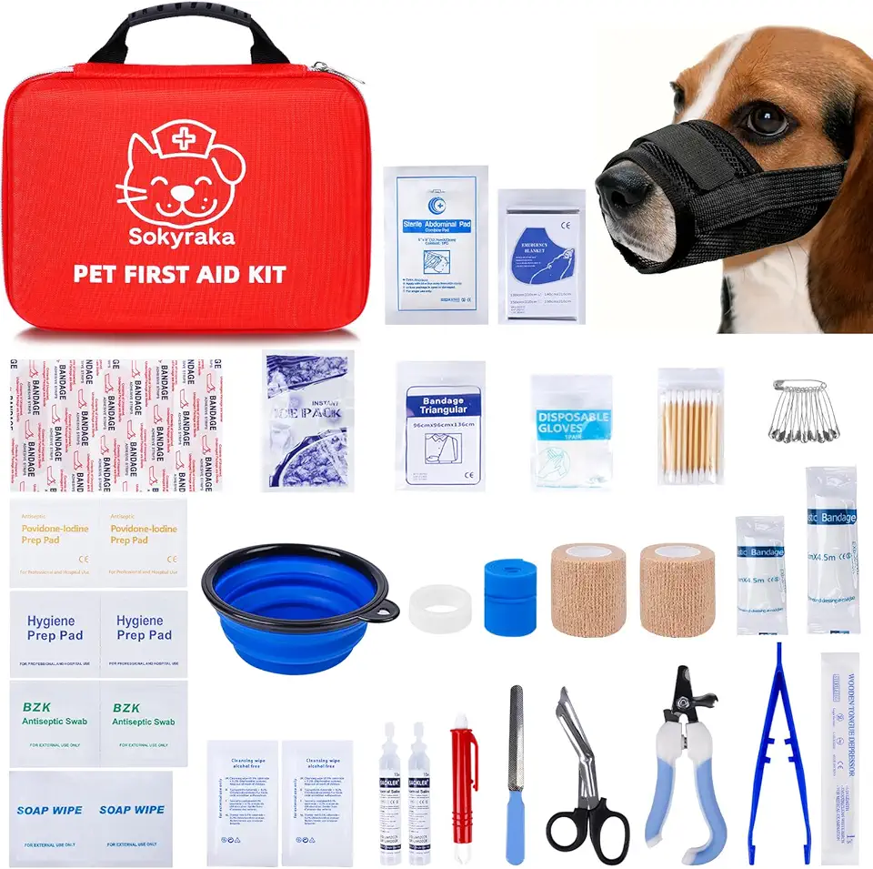 Dog First Aid Kit (39 PCS) for Car, Travel &amp; Camping – Pet Emergency Kit for Dogs &amp; Cats with Muzzle, Collapsible Water Bowl, Tweezers &amp; Scissors – Portable Water-Resistant Bag for Home &a