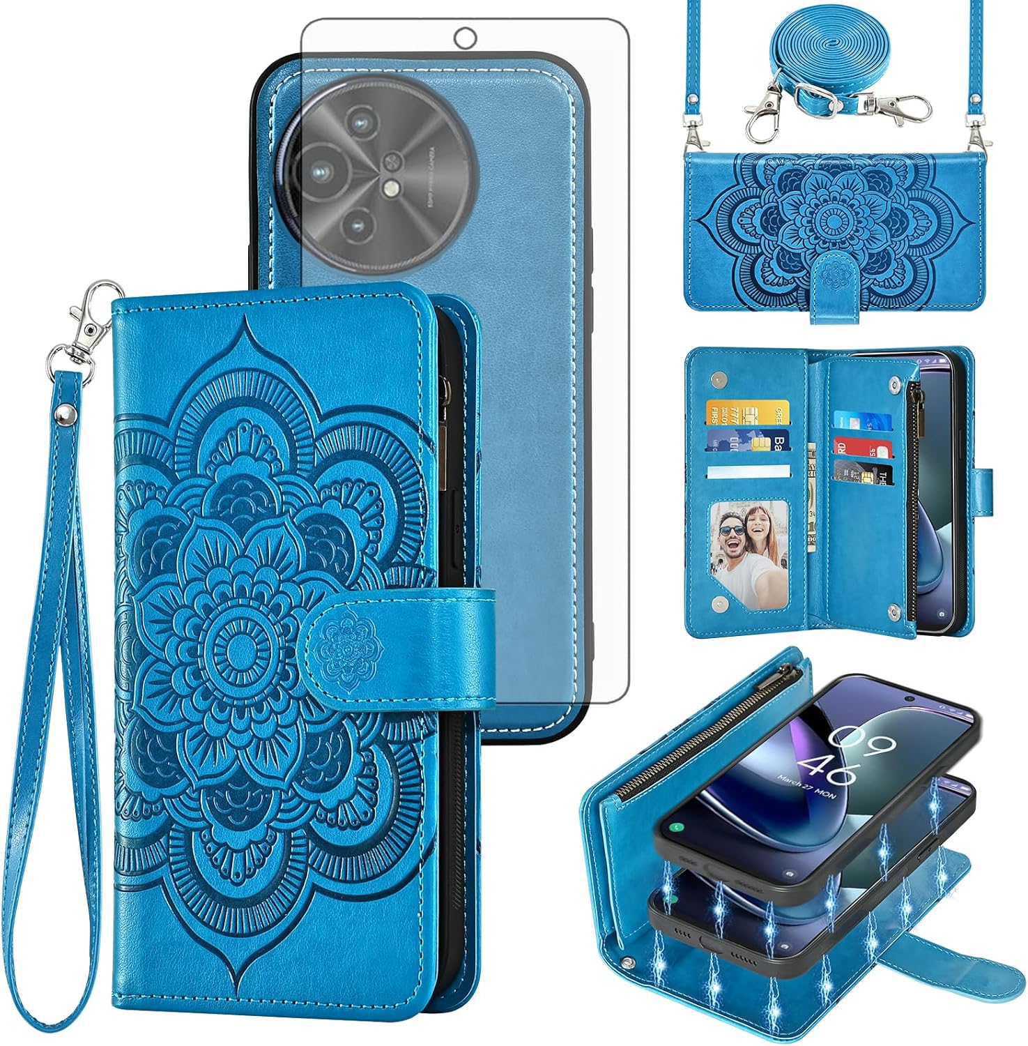 Asuwish Phone Case for TCL 50 XL 5G Zipper Wallet Magnetic Detachable Cell Cover with Tempered Glass Screen Protector Crossbody Lanyard Strap Mandala Flower Card Holder TCL50XL 50XL T702W Women Blue