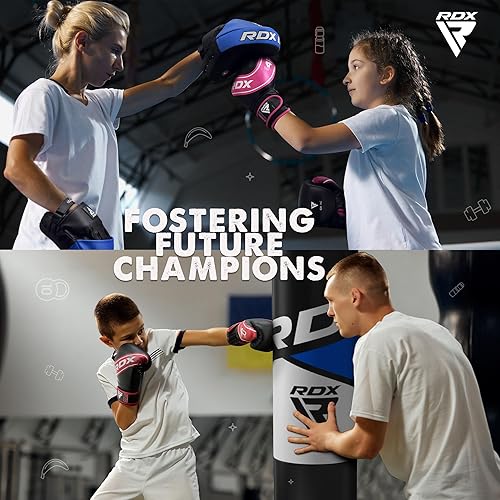 Miniatura 5 de RDX Guantes de boxeo para niños, guantes de entrenamiento junior de 6 onzas y 4 onzas, palma ventilada de cuero Maya Hide, Muay Thai Sparring MMA