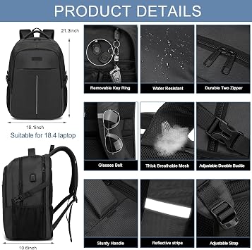 18.4 Laptop Backpack,Extra Large Travel Backpack for Men 55L,Water Resistant Laptop Backpack Work bag with USB Charging Port Business TSA Approved Computer Rucksack for Men Women College School,Black