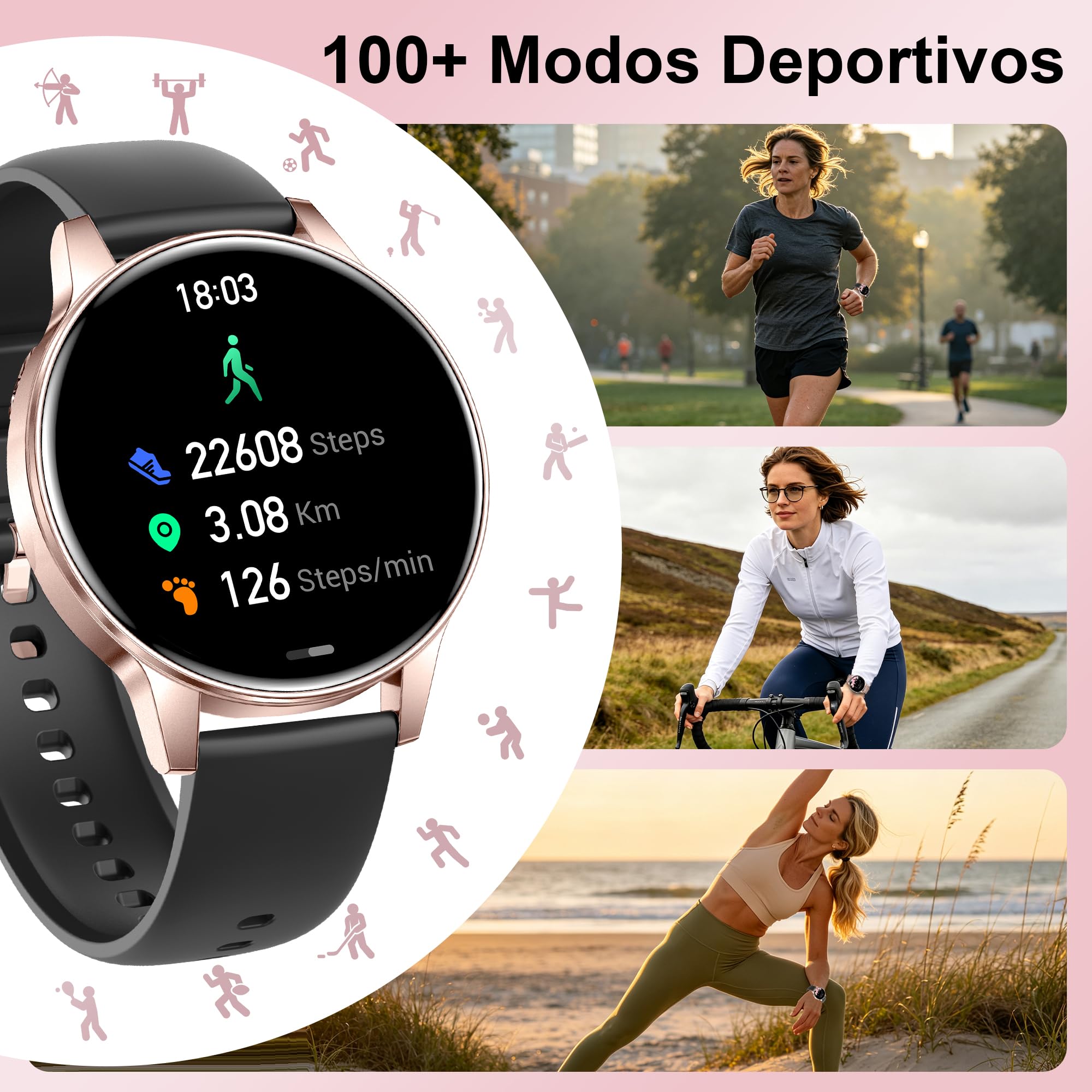 Reloj Inteligente Mujer con Llamadas, 1.27" HD Redondo 3 Correas