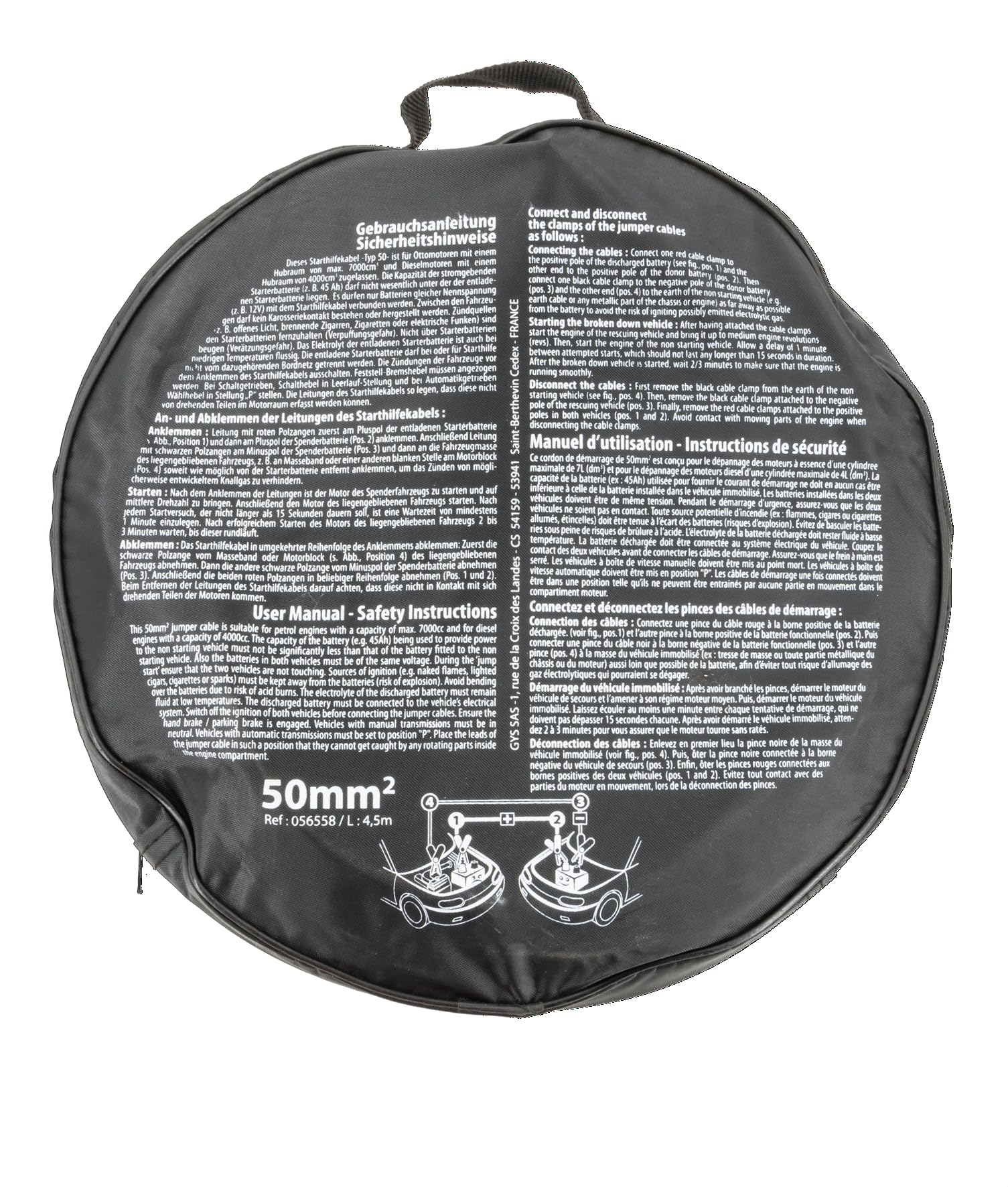 Gys, Cavo di Avviamento 1000A, 50Mm², 4,5M, Libro con Morsetti Isolati, 056558