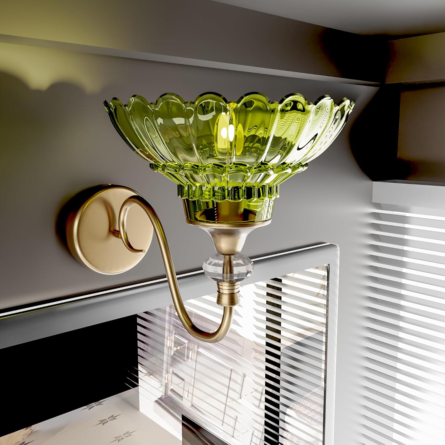 ASLONG Bathroom Light Fixtures, 1-Light Copper Vanity Light Over Mirror with Green Crystal Glass Shade, Bathroom Wall Lamp for Mirror Kitchen Living Room Porch