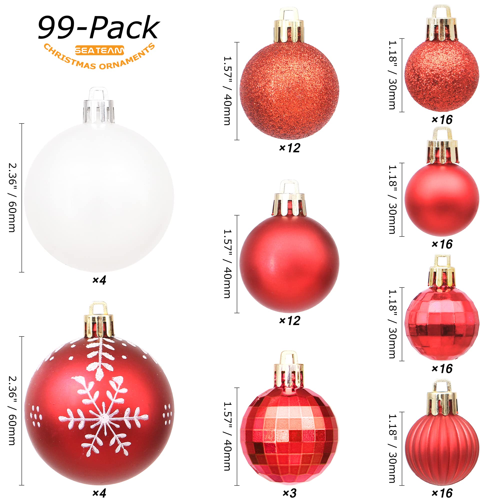 Sea Team 99 Pieces of Assorted Christmas Ball Ornaments Shatterproof Seasonal Decorative Hanging Baubles Set including Reusable Hand-held Gift Package for Holiday Xmas Tree Decorations Red - Image 2