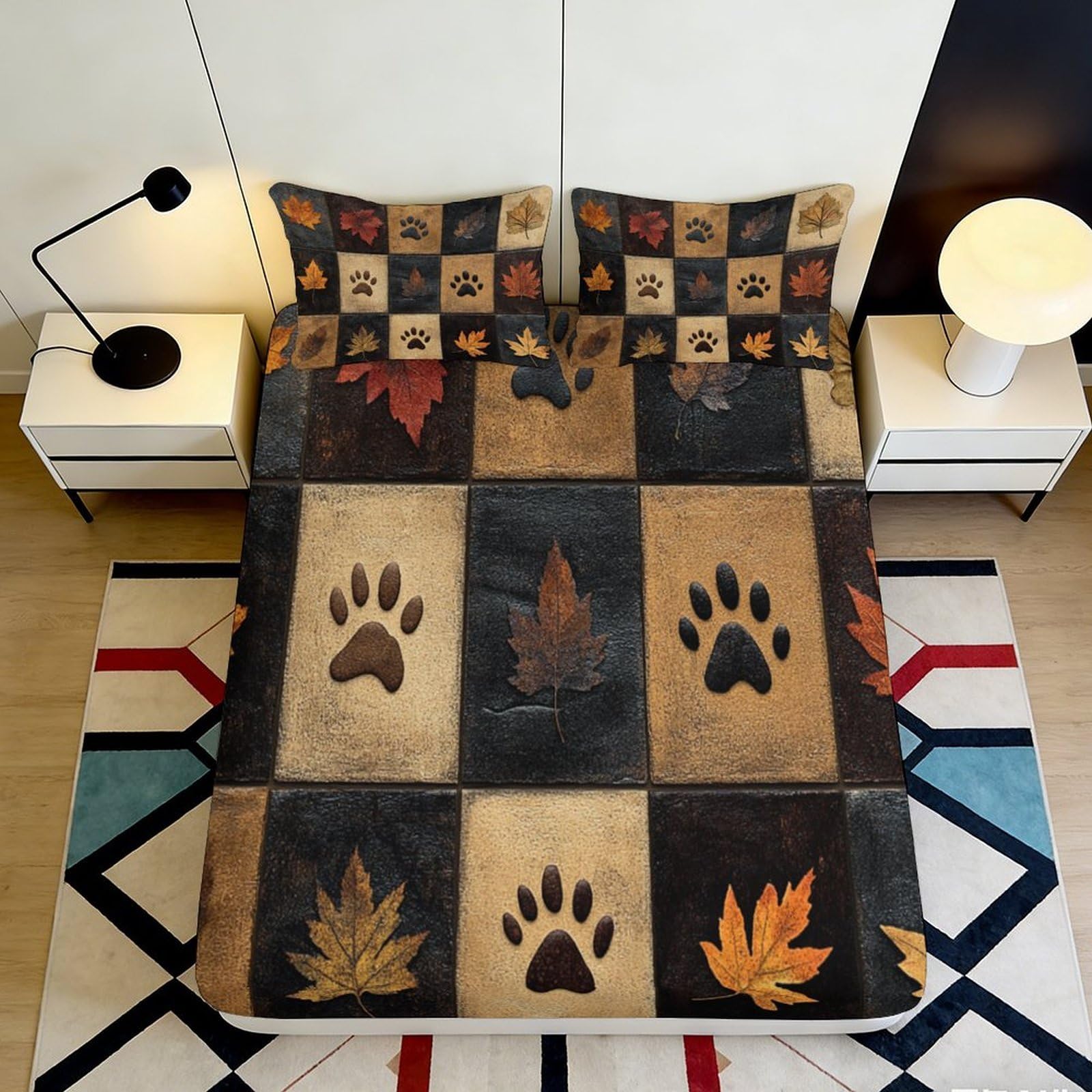 3D Printed Autumn Leaf Fitted Sheet Microfiber Soft Paw Print Mattress Cover for Bedroom Guest Room Dormitory Decor 180x200x25cm