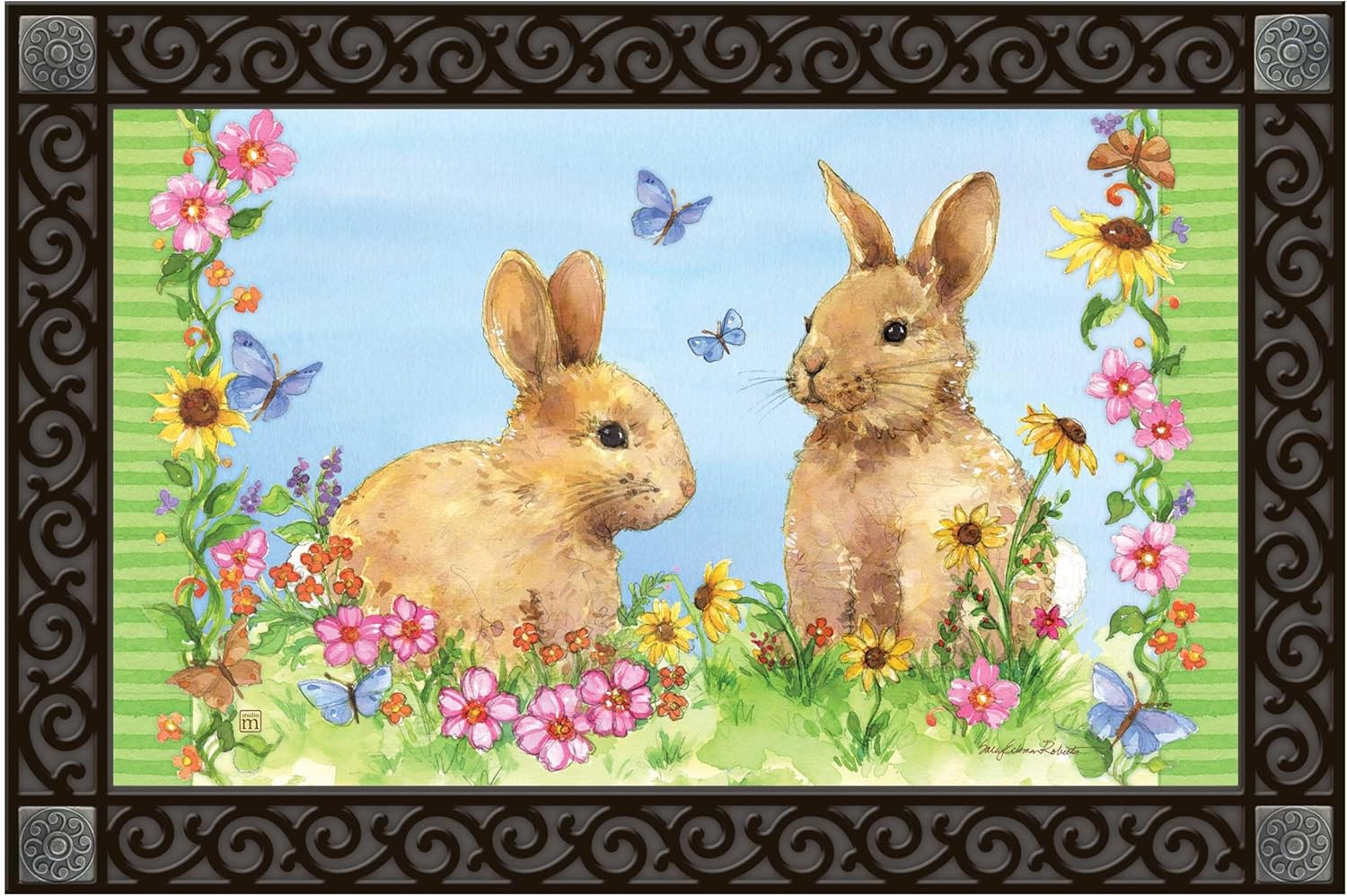 Studio M Hippity Hoppity Bunnies and Flowers - 30 x 18 Inch Polyester and Rubber Doormat Insert for Indoor/Outdoor Use