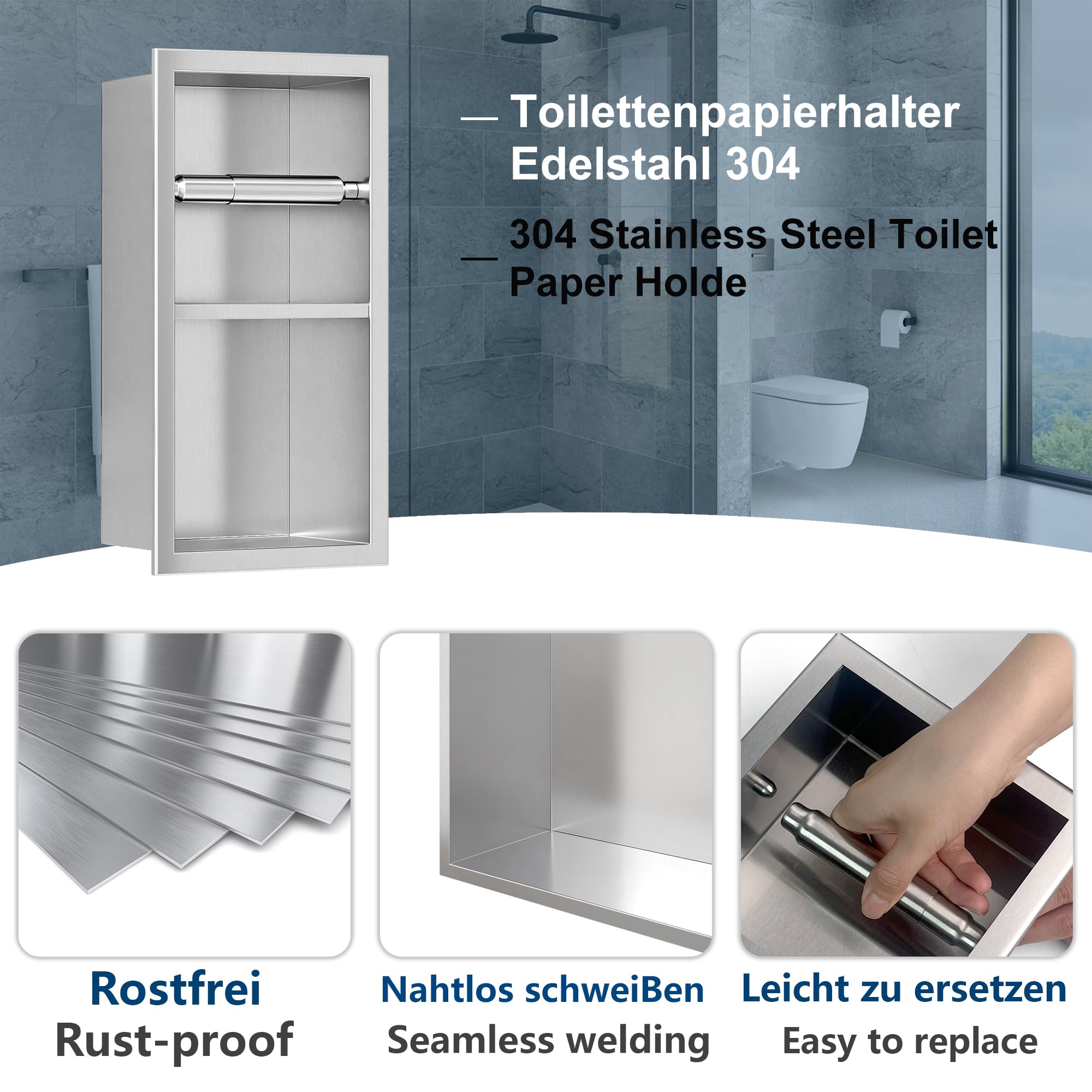 Neodrain Flush Mounted Toilet Paper Holder Stainless Steel Bathroom Accessory Cabinet with Shelf and Footrest Wall Mounted Paper Holder for Bathroom Black - Image 3
