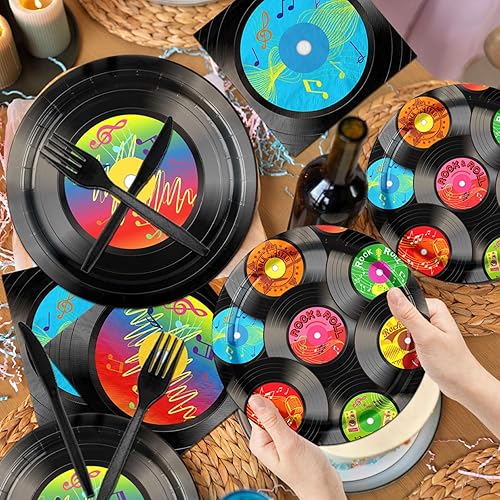 Miniatura 6 de Juego de vajilla de 142 piezas con temática de disco, decoraciones de fiesta de los años 50, platos y servilletas, vasos, mantel, pancarta colgante