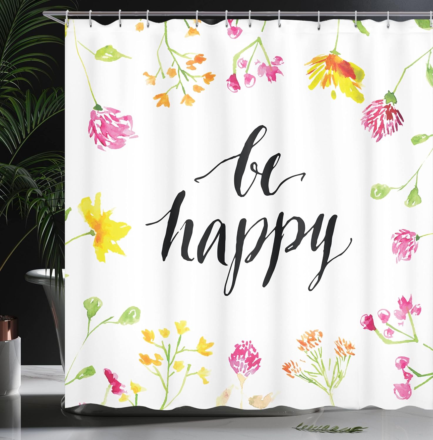Ambesonne Saying Shower Curtain, Positive Vibes Spring Revival Floral Be Happy Phrase Framed by Colorful Wild Flowers, Cloth Fabric Bathroom Decor Set with Hooks, 69" W x 75" L, Pink Orange Green