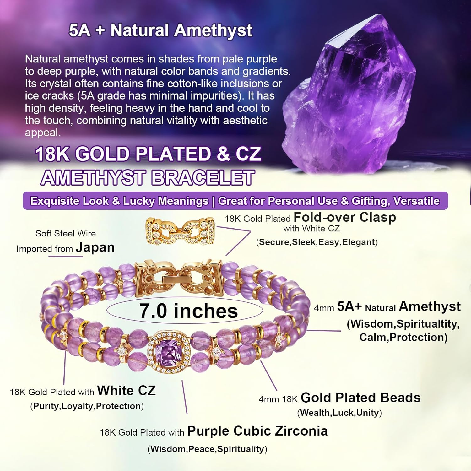 18K Gold Plated 5A Natural Amethyst Tennis Bracelet, Double Row Purple Crystal CZ Beaded Jewelry, 6-8.5 Inch for Women Mom Daughter Teens, Graduation Mother's Day Birthday Holiday Gift
