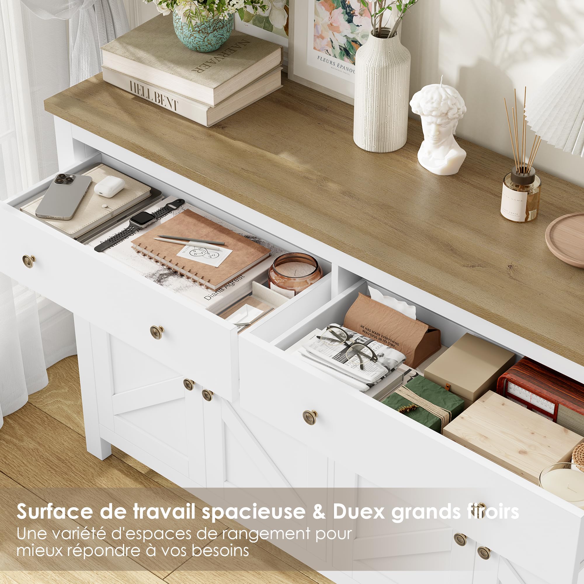 FirFurd Buffet 140cm Meuble de Rangement Cuisine Étagères Réglables Blanc
