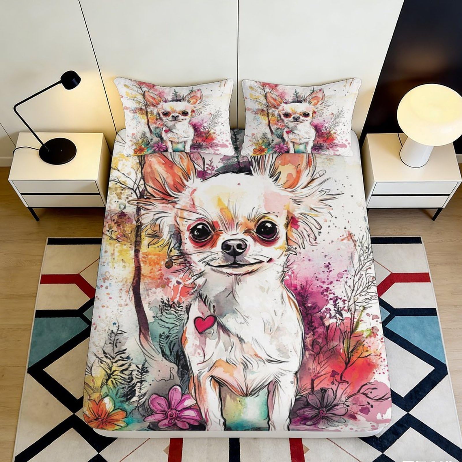 Pnayamiorkfel Style-6 3D Printed Watercolor Chihuahua Fitted Sheet Microfiber Colourful Floral Bed Cover For Bedroom Dorm Decor Mattress Protection 90X200x25cm