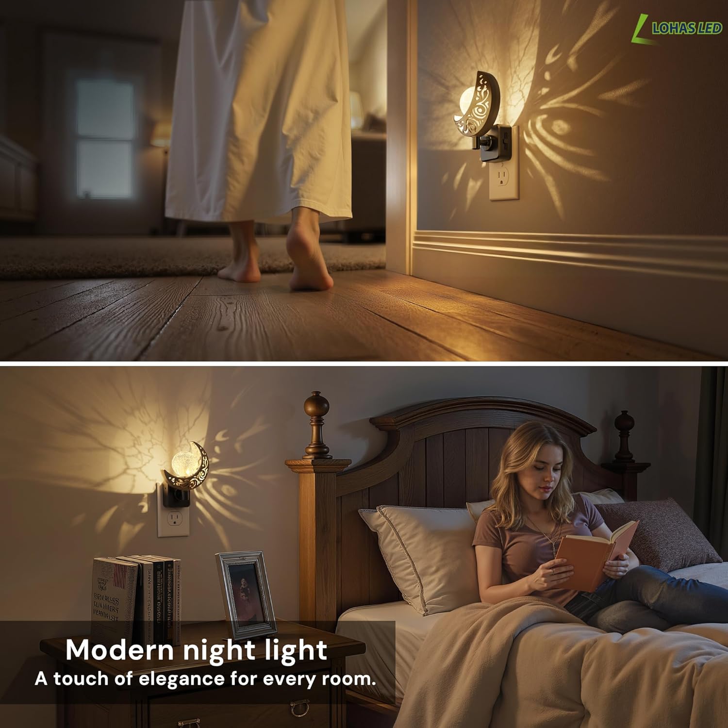 L LOHAS LED Night Lights Plug into Wall: 2 Pack Moon Sphere Decor Landscape Night Light, Dusk to Dawn Sensor Glass Globe Nightlight, 0-100LM Dimmable, for Bedroom Living Room Hallway