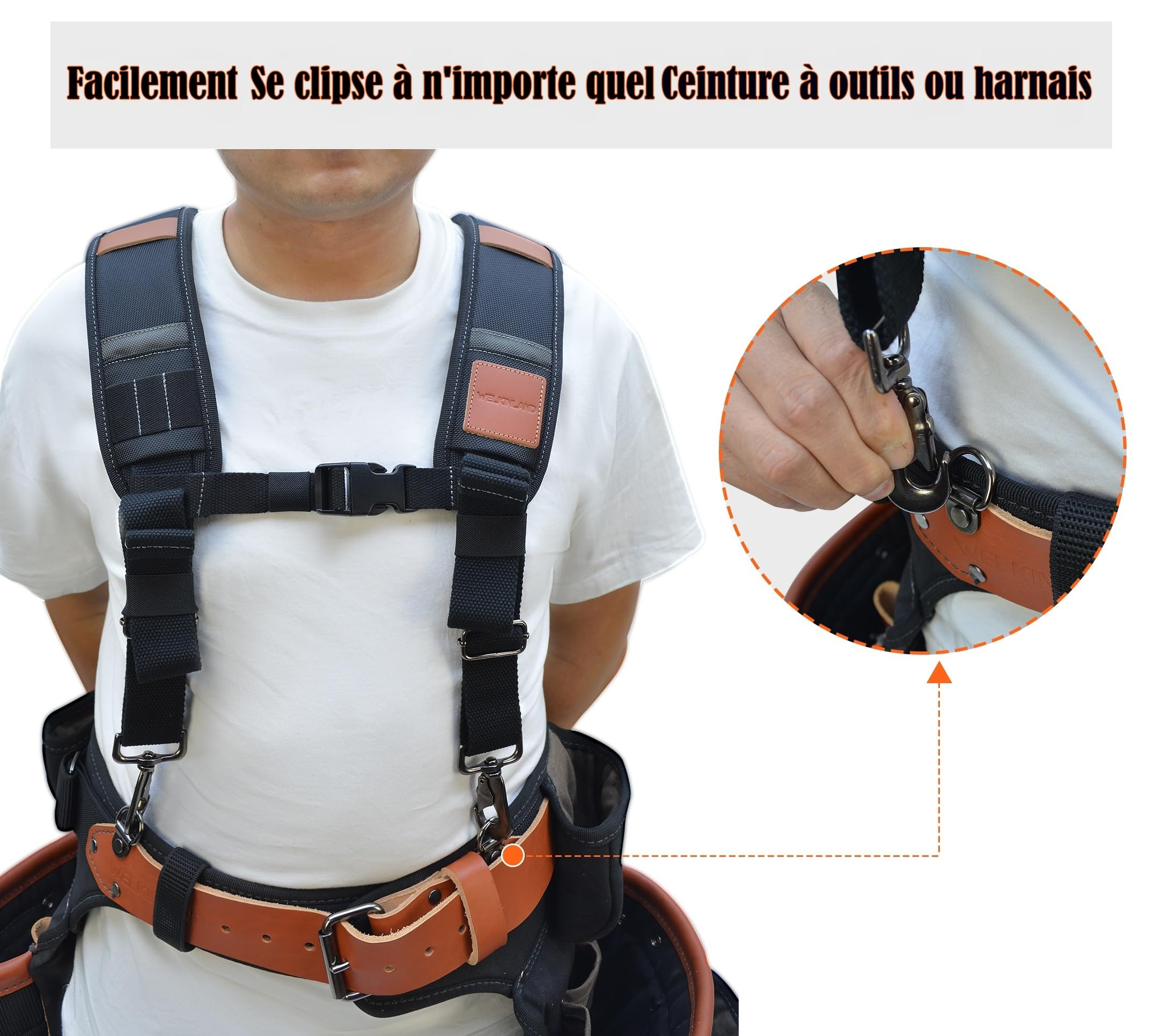 WELKINLAND Bretelles de ceinture à outils en cuir robuste, bretelles de sac à outils de charpentier, bretelles en cuir pour ceinture à outils, ceinture à outils de construction, bretelles de ceinture