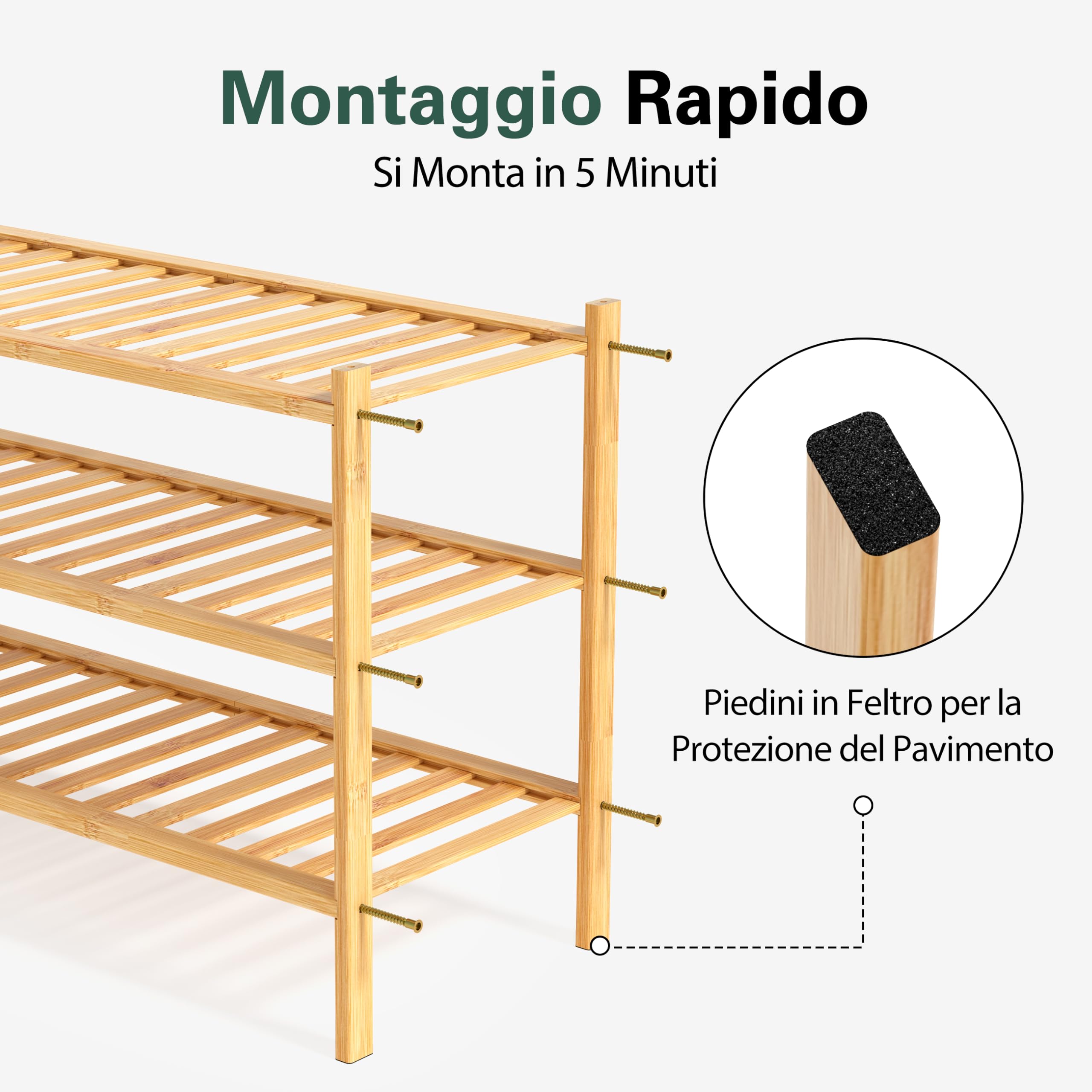 Scarpiera in Legno Bambù 3 Ripiani – Porta Scarpe Salvaspazio Ingresso Slim 68x28x46 cm – Scarpiera Portascarpe Componibile Stretta Verticale – Mobile Scarpiera Piccola Modulare (Bambù)