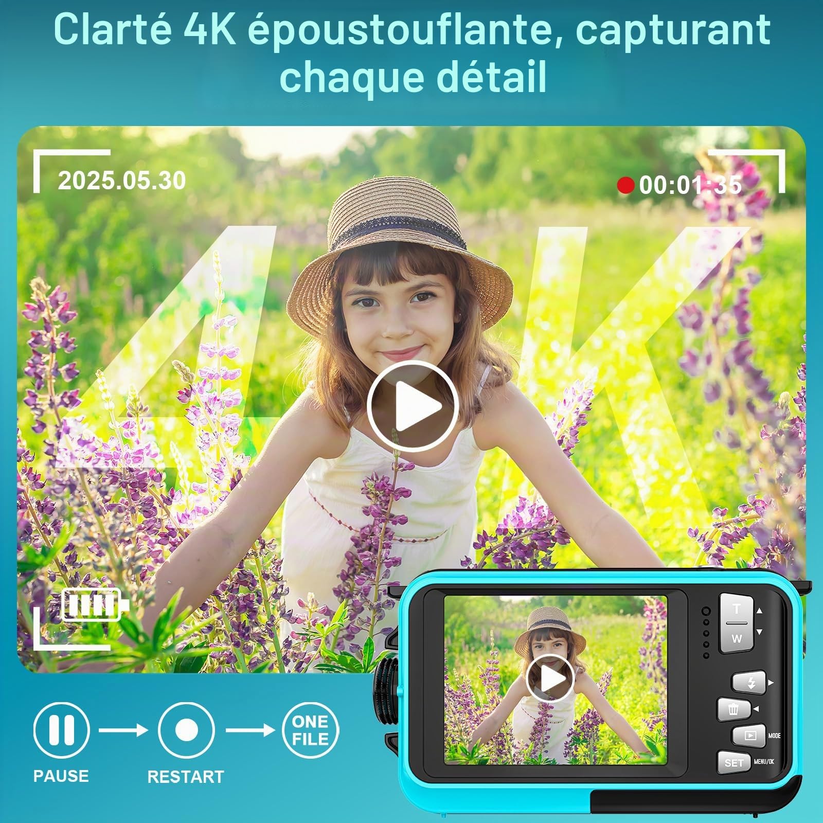 Appareil Photo Etanche Appareil Photo numérique 4K 64MP | Autofocus Caméra sous-marine Carte mémoire 32G Selfie Double écrans 16FT 16X Zoom Appareil Photo Numérique Etanche