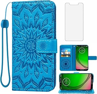 Phone Case for Motorola Moto G7 Play/MotoG7 Optimo XT1952DL/Tmobile Revvlry Wallet with Tempered Glass Screen Protector Leather Flip Cover Card Holder Stand Cell MotoG7Play Moto7 G 7 7G G7Play Blue