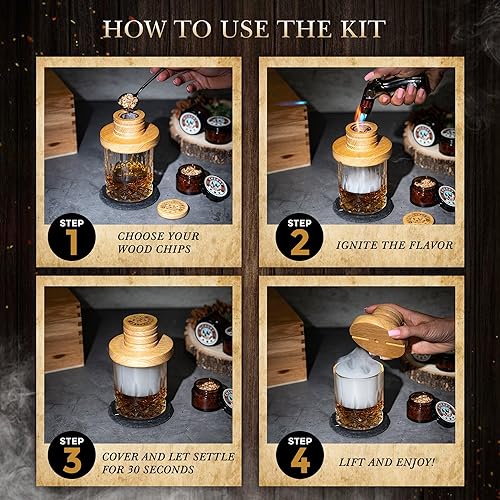 Miniatura 5 de Kit de ahumador de cóctel prémium con antorcha  Juego de ahumador de whisky de roble americano, 5 sabores de virutas de madera, vasos de moda,